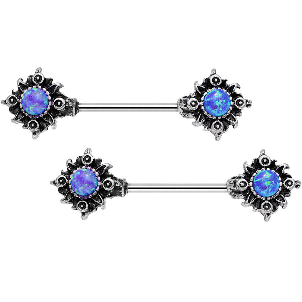 14 Gauge 5/8 Blue Synthetic Opal Tribal Sun Barbell Nipple Ring Set