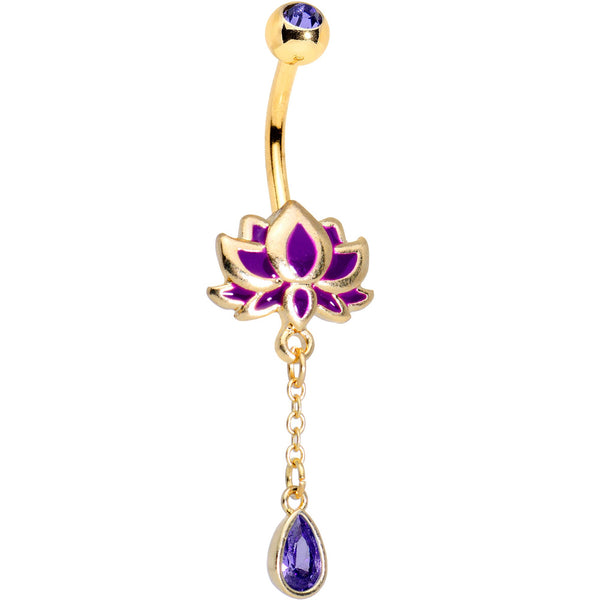 Purple Gem Gold Tone Anodized Blooming Lotus Flower Dangle Belly Ring