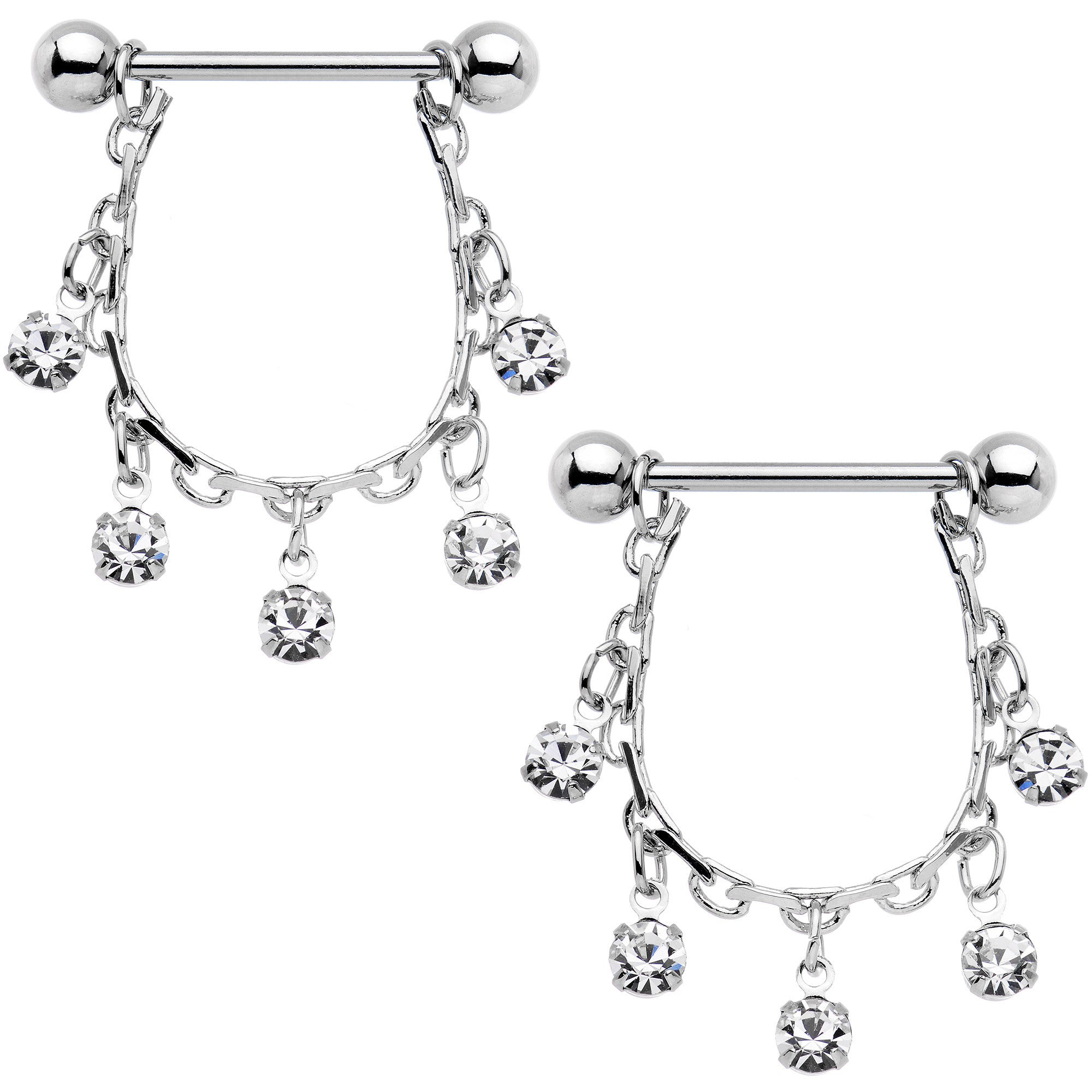 14G 5/8 Clear Gem Chain Drop Dangle Nipple Ring Set