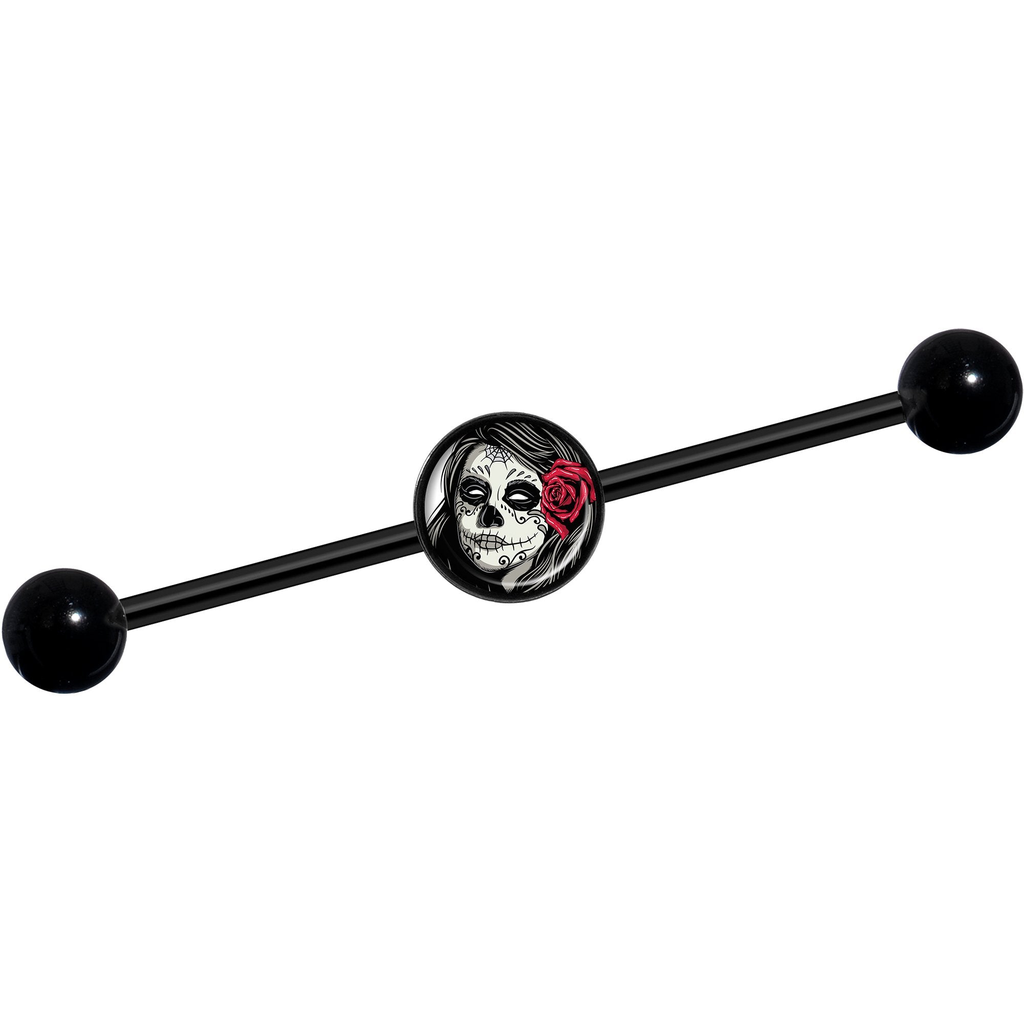 14G Katrina Sugar Skull with Rose Flower Black Industrial Barbell 37mm