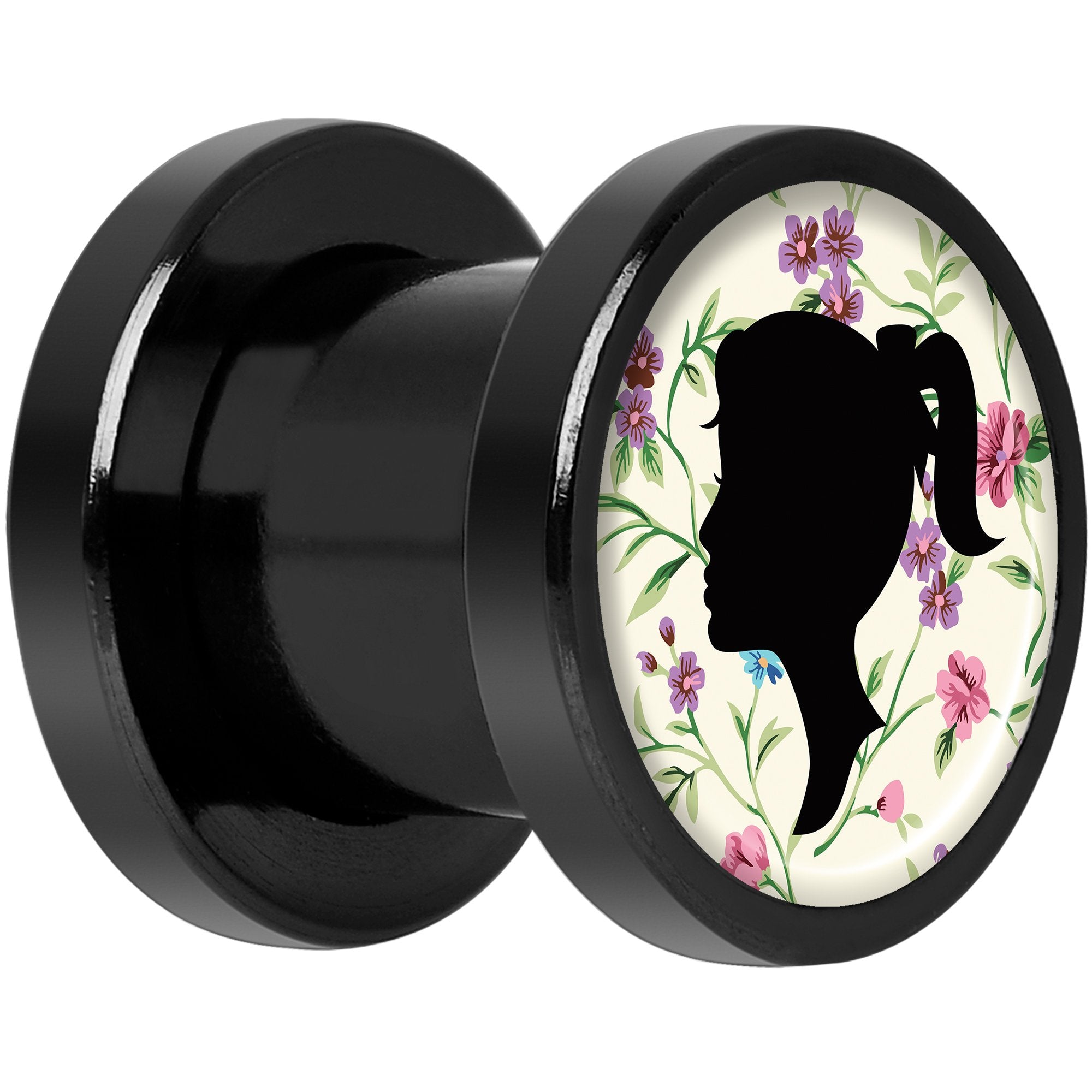 Man Woman Floral Silhouette Black Anodized Screw Fit Plug Set 0G