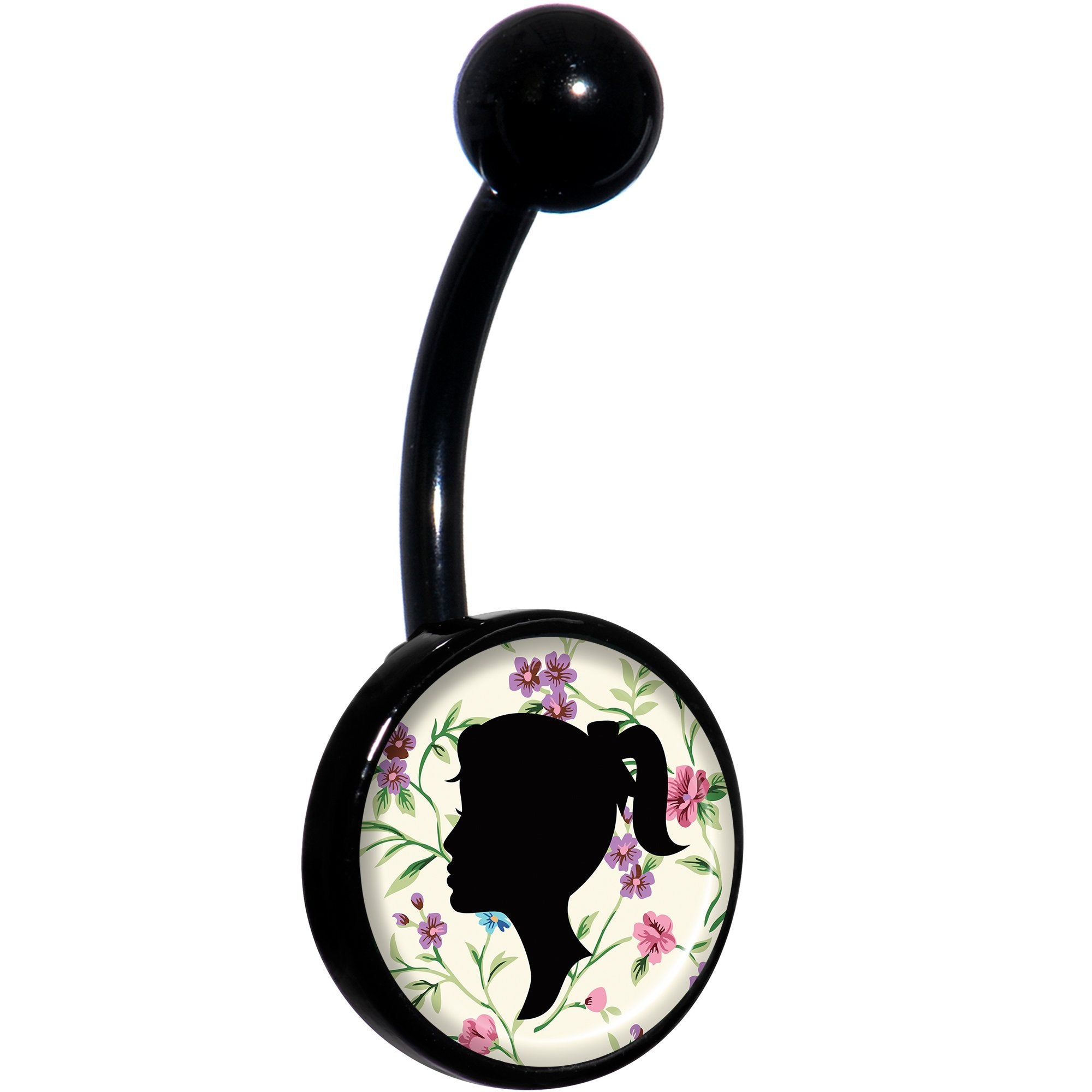 Woman Floral Silhouette Black Hypoallergenic Stainless Steel Belly Ring