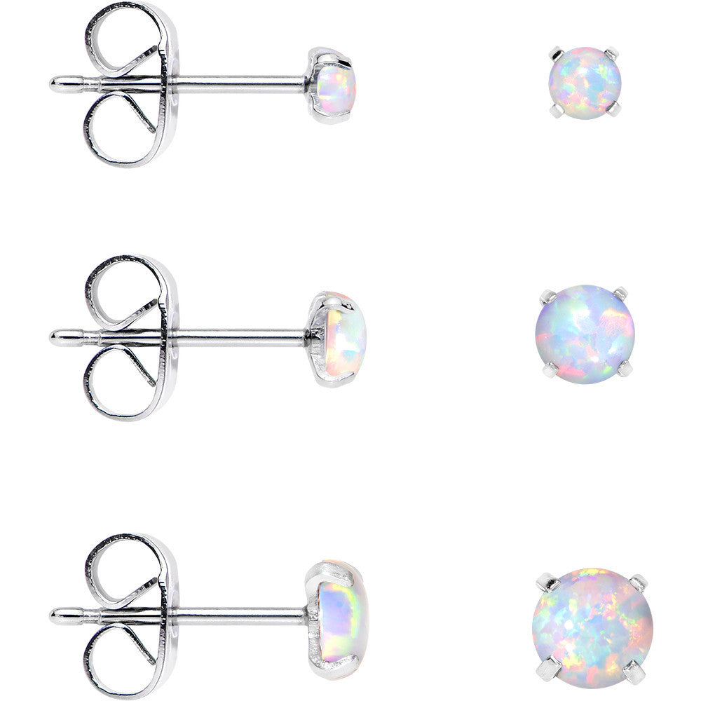 White Synthetic Opal Stainless Steel Post Stud Earring Pack Set of 3