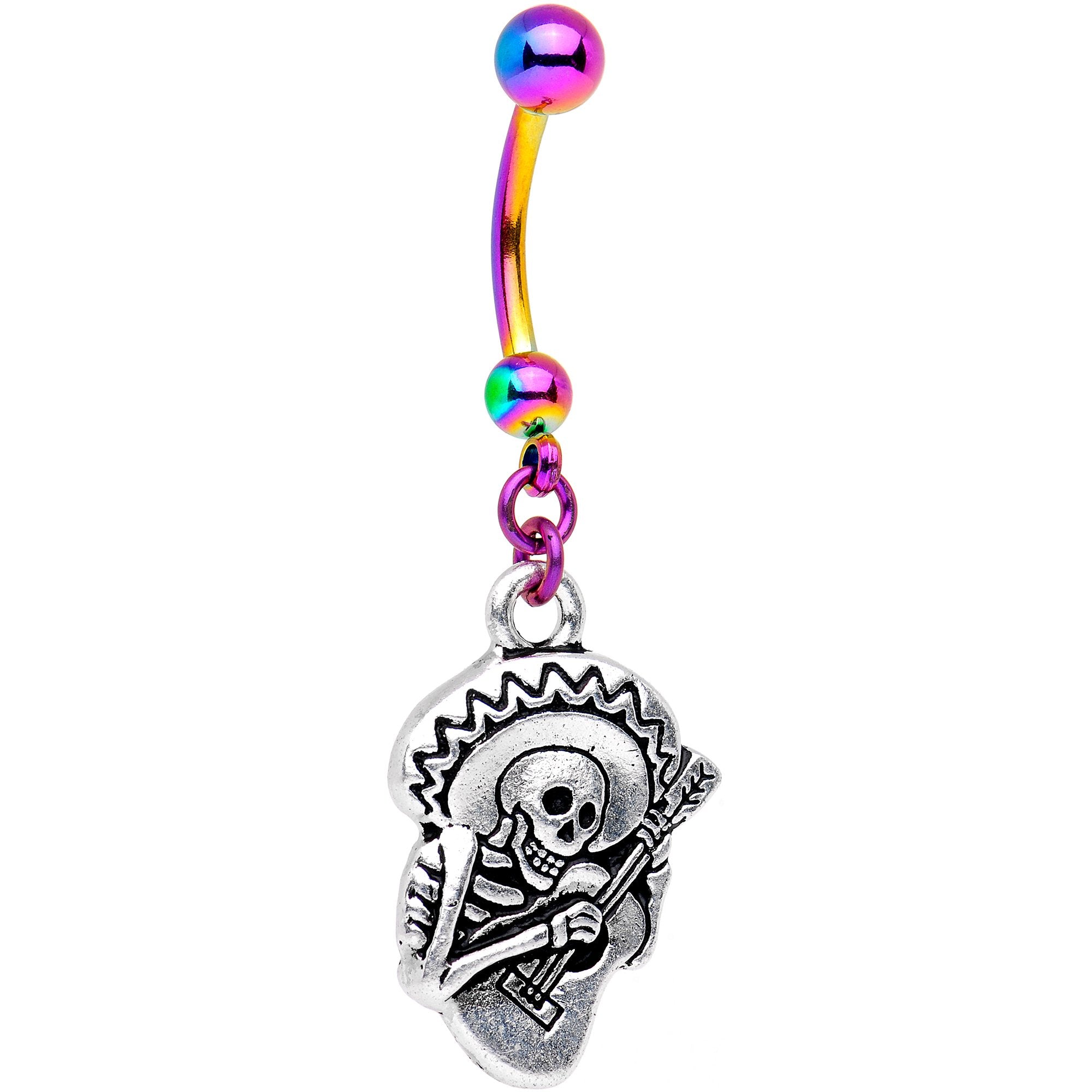 Handcrafted Dia de los Muertos Halloween Rainbow Dangle Belly Ring