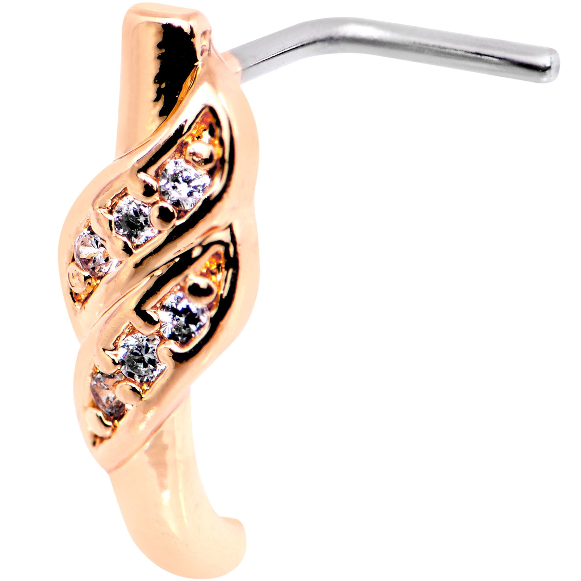 20 Gauge Clear CZ Rose Gold Tone Swish Faux Hoop L Shaped Nose Ring