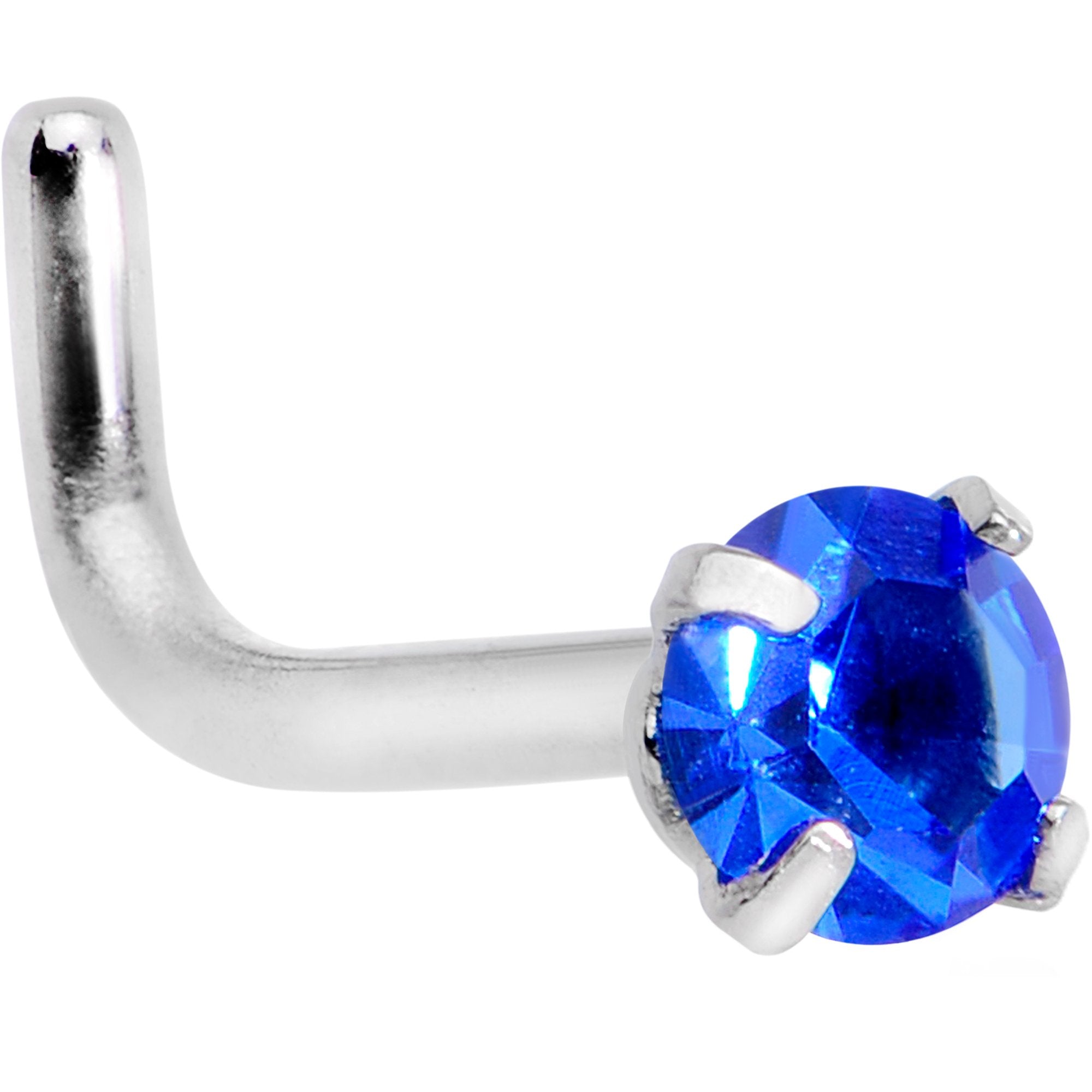 18 Gauge 1/4 Blue 3mm CZ Gem Steel L-Shape Nose Ring
