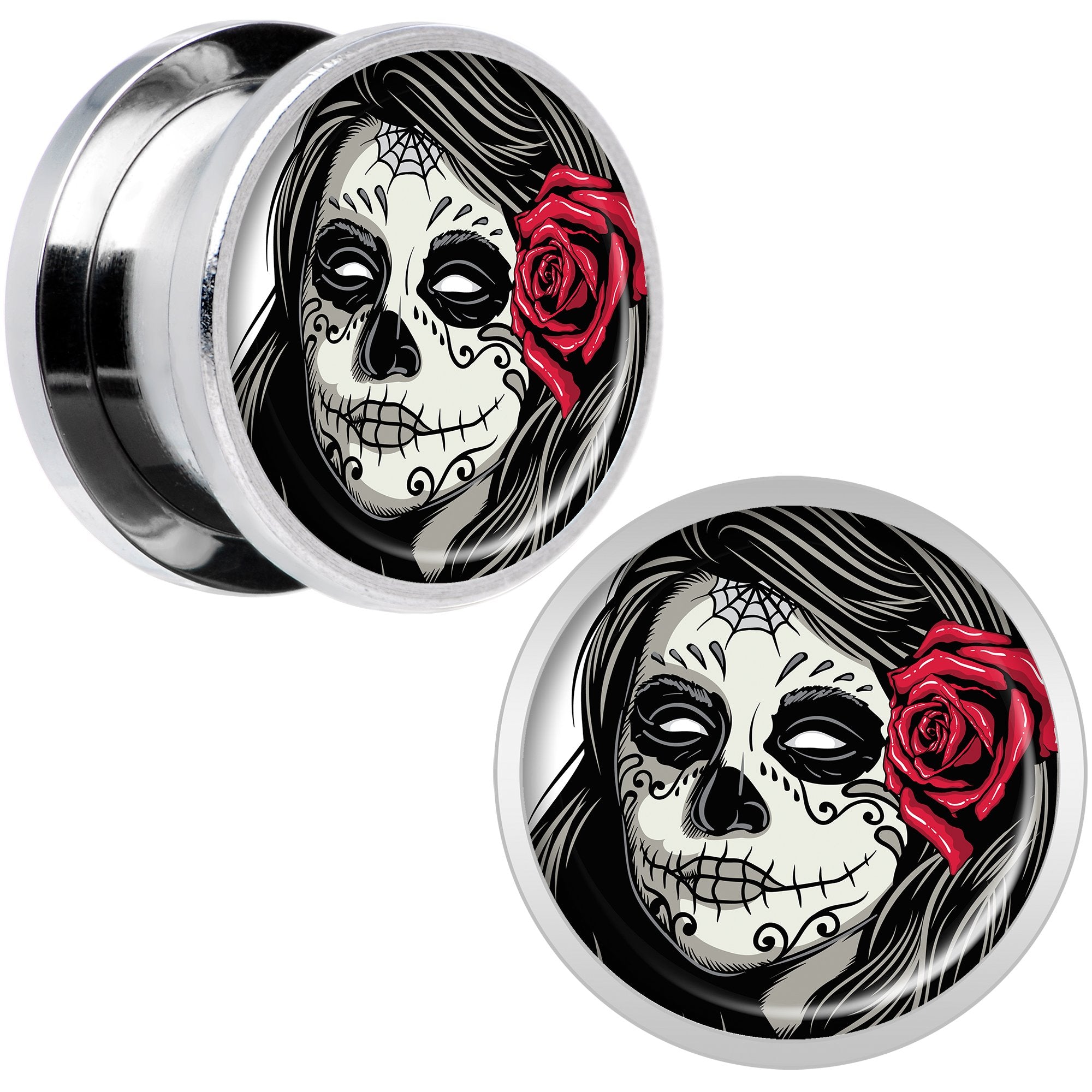 Katrina Sugar Skull with Rose Flower Steel Screw Fit Plug Set 9/16