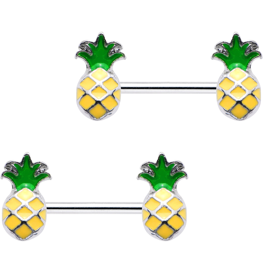 14 Gauge 1/2 Steel Yellow Green Pineapple Barbell Nipple Ring Set