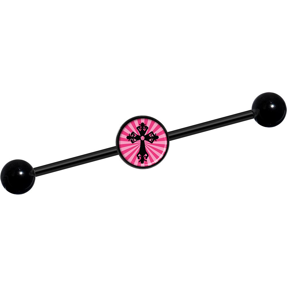 14G Pink Black Radiant Cross Black Industrial Barbell 37mm