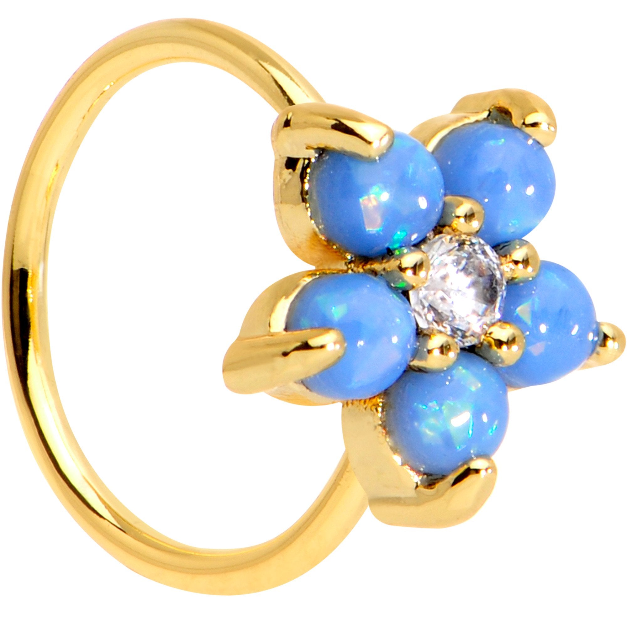 20 Gauge Clear CZ Light Blue Faux Opal Gold Tone Flower Circular Ring
