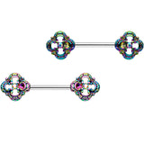 9/16 Clear Gem Iridescent Rainbow Flower Barbell Nipple Ring Set