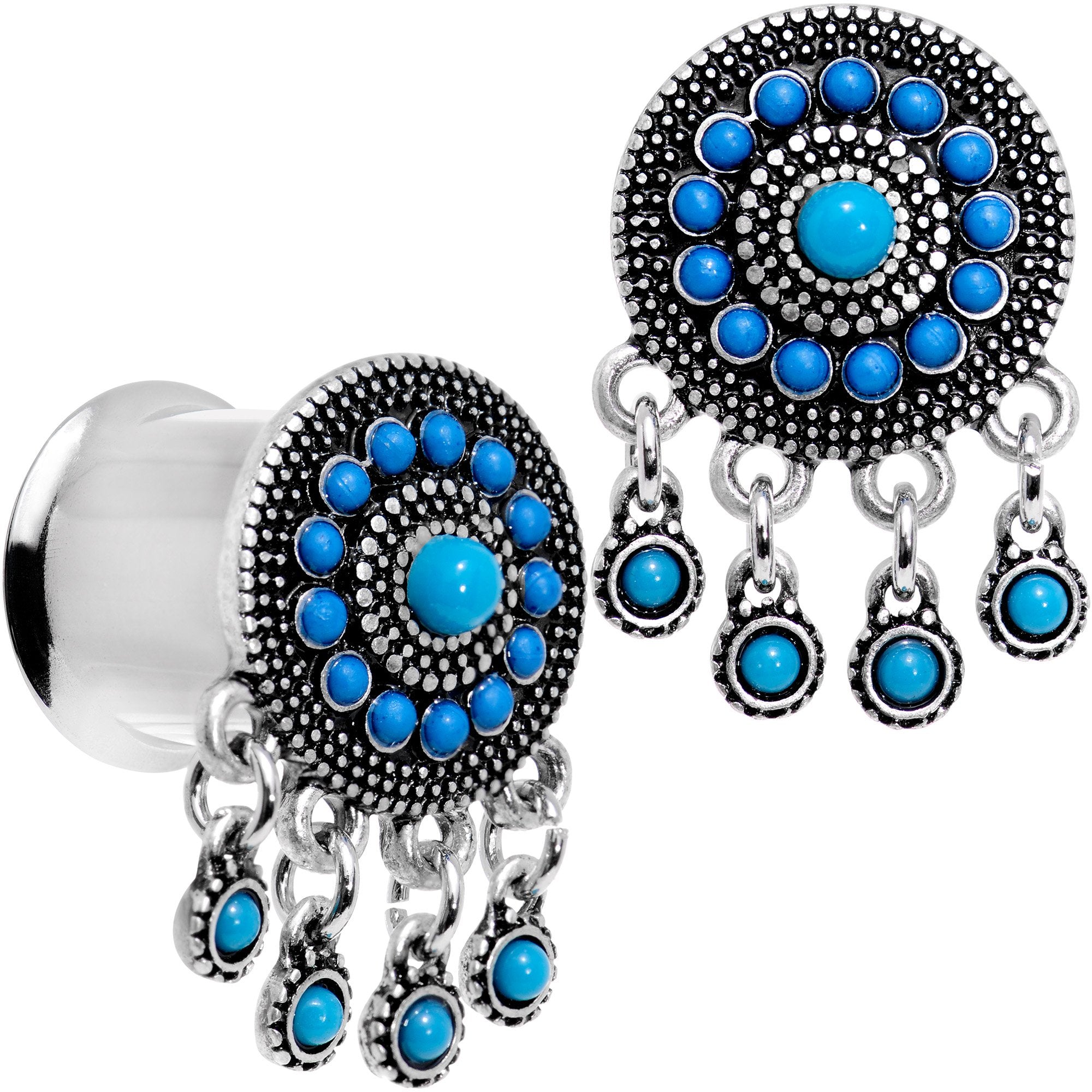 Southwest Blue Drum Dreamcatcher Dangle Double Flare Plug Set 6mm to 25mm