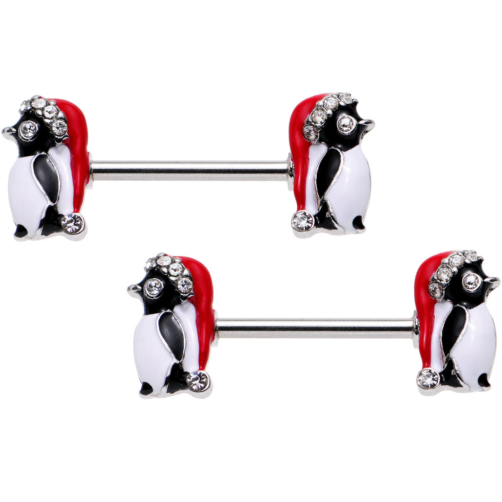 9/16" Clear Gem Santa Cap Penguins Barbell Nipple Ring Set