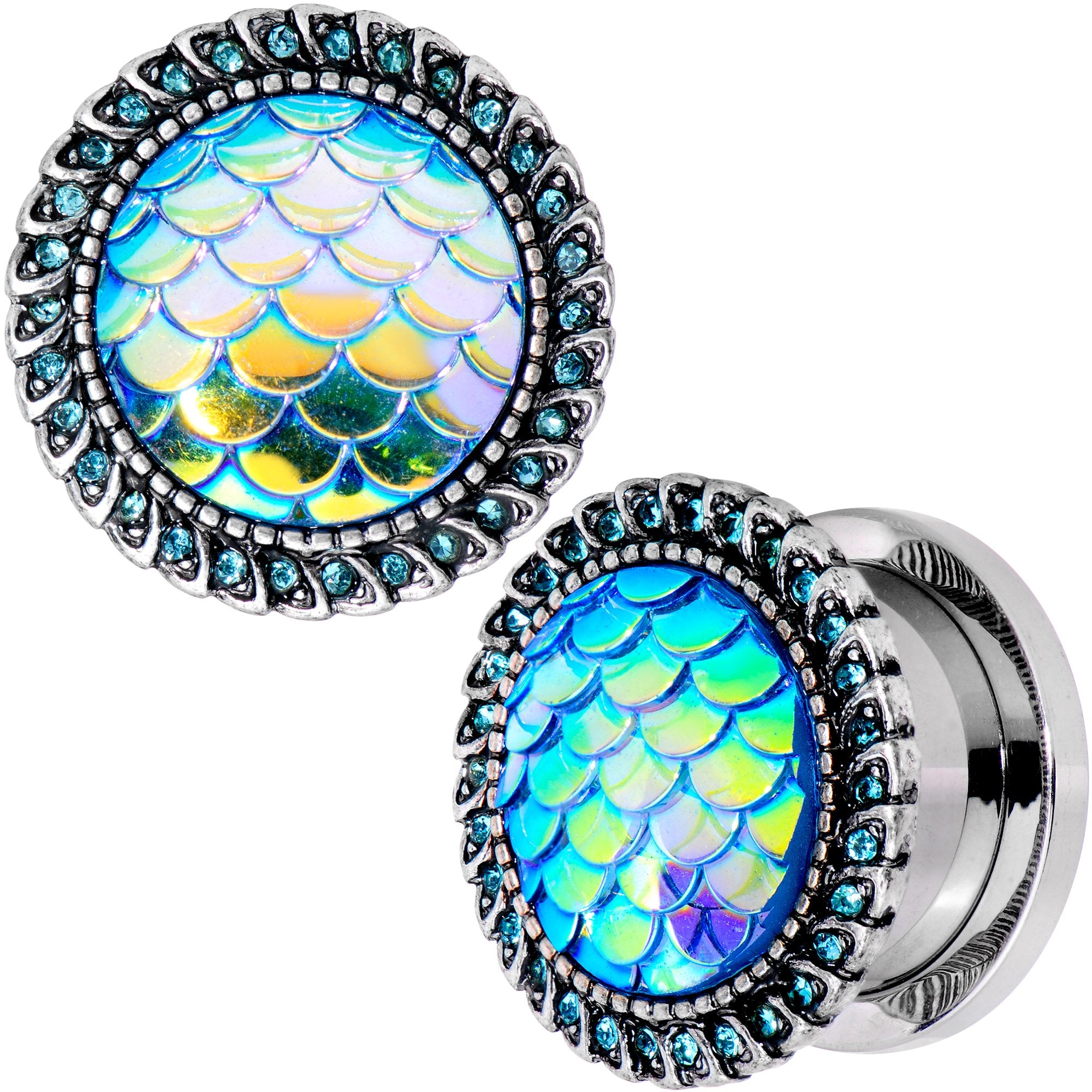 Aqua Gem Iridescent Blue Mermaid Scale Screw Fit Plug Set 6mm to 22mm