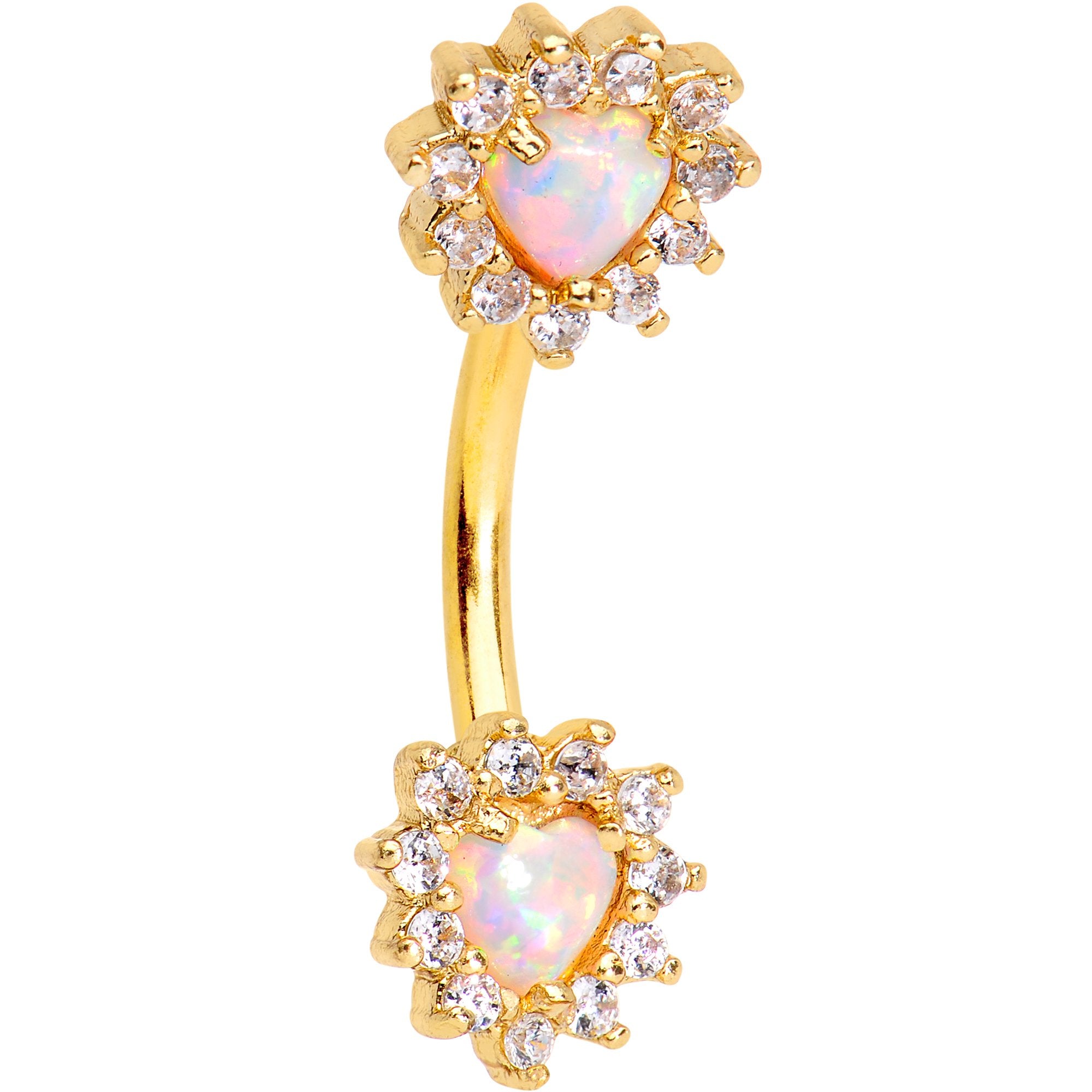 White Synthetic Opal Clear CZ Gem Twin Hearts Double Mount Belly Ring