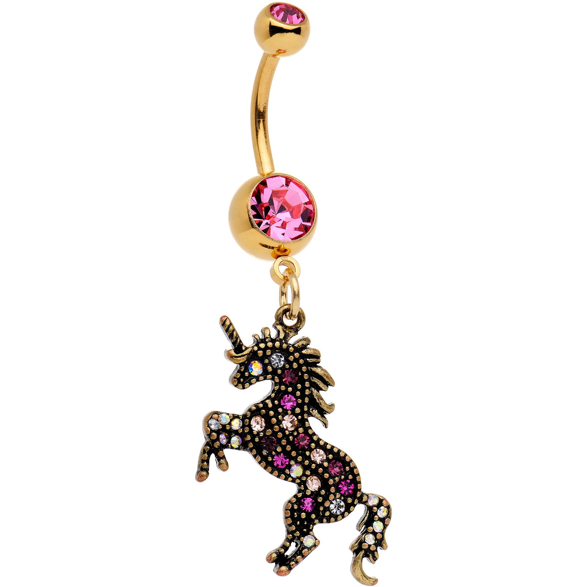Pink Gem Gold PVD Toy Unicorn Dangle Belly Ring