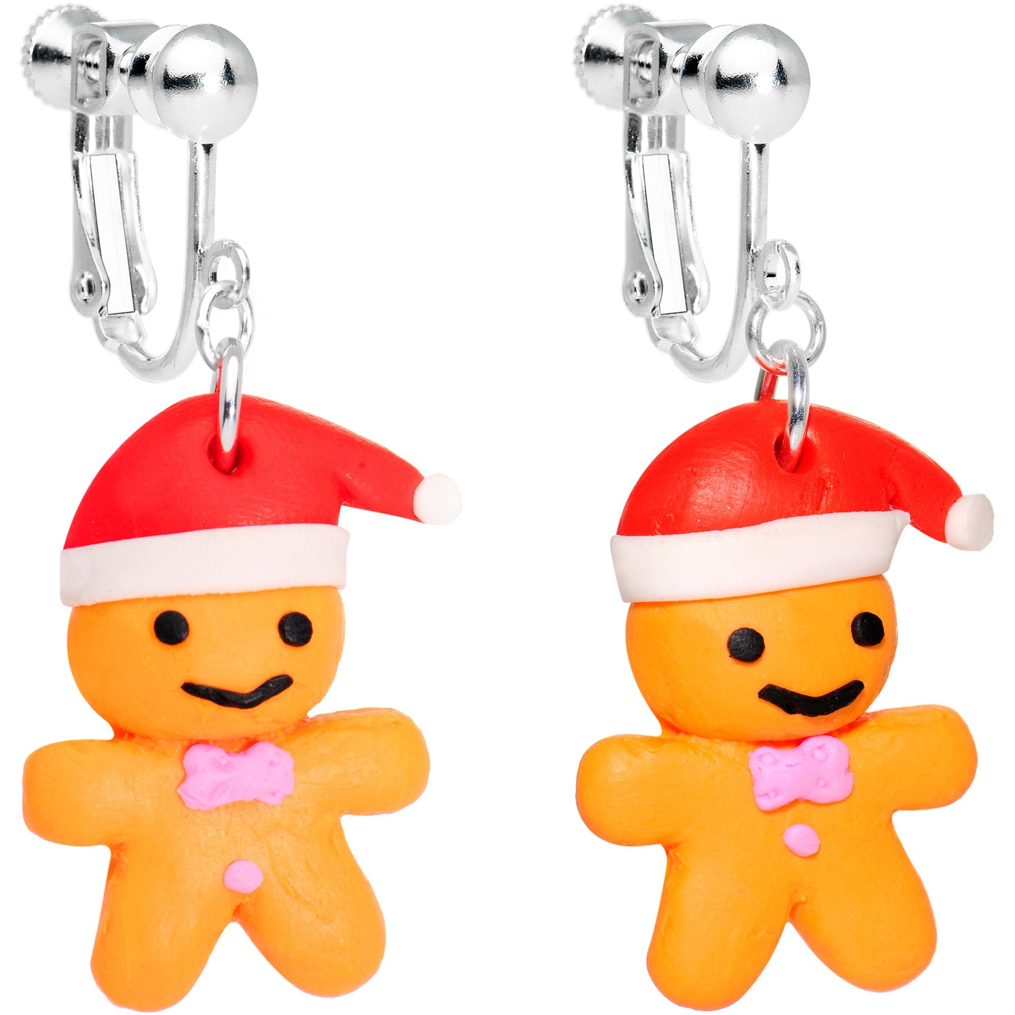 Silver Plated Holiday Gingerbread Santa Clip On Earrings
