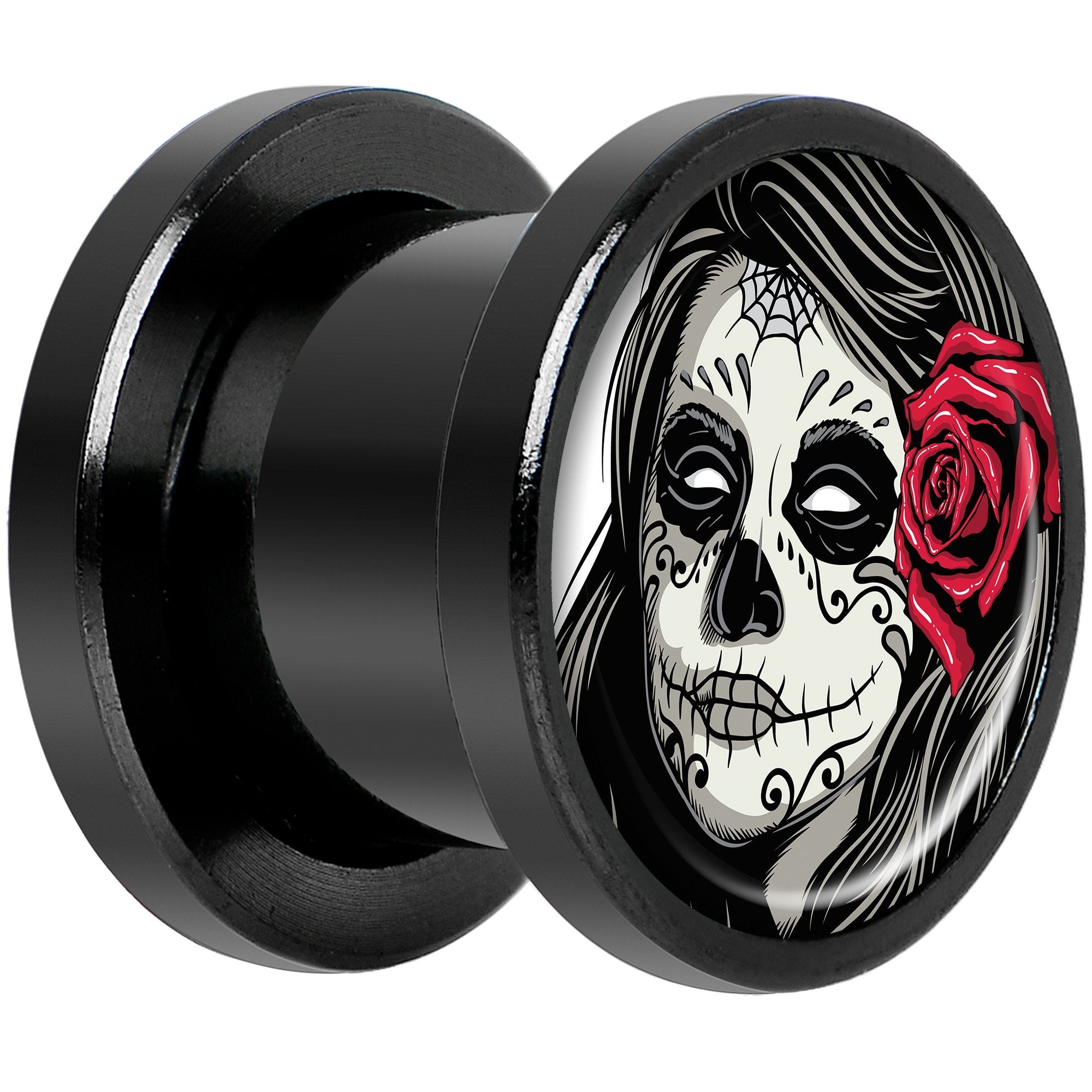 Katrina Sugar Skull Rose Flower Black Anodized Screw Fit Plug Set 00G