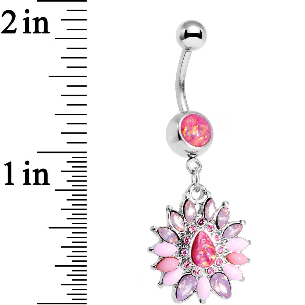 Pink Faux Opal Dewdrop Flower Dangle Belly Ring