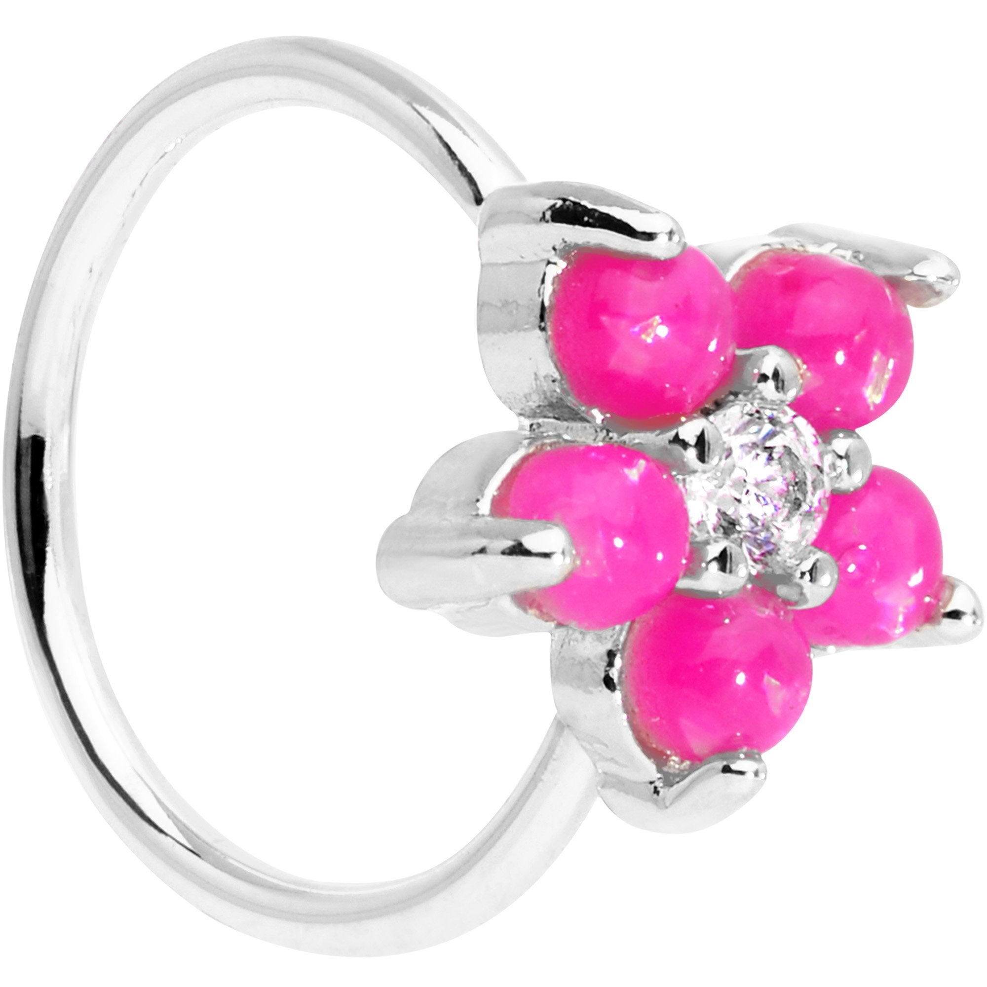 20 Gauge 5/16 Clear CZ Pink Faux Opal Flower Circular Ring