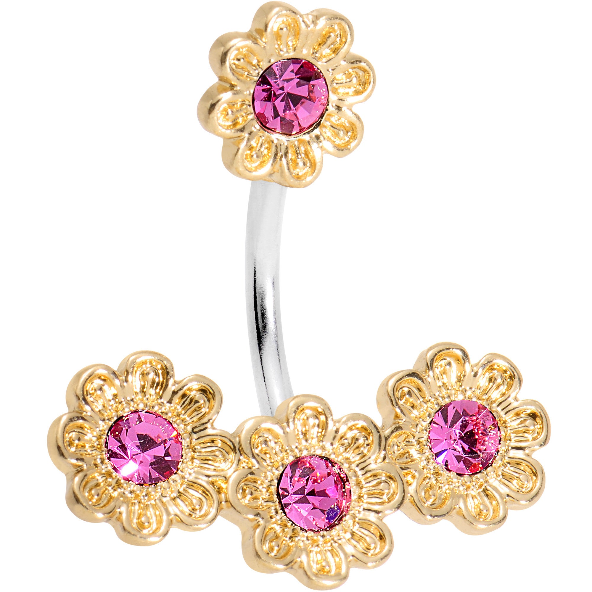 Pink Lifting Rings Pink Gem Golden Flower Power Double Mount Belly Ring