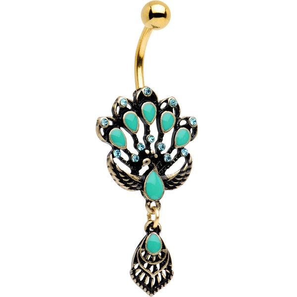 Aqua Gem Gold PVD Diving Peacock Feather Dangle Belly Ring