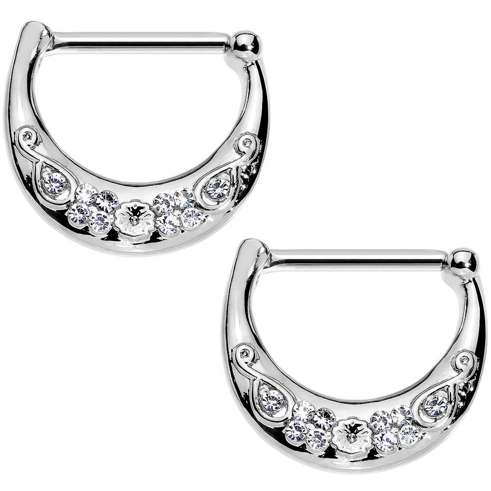 14G 1/2 Clear Gem Steel Floral Flourish Nipple Clicker Set