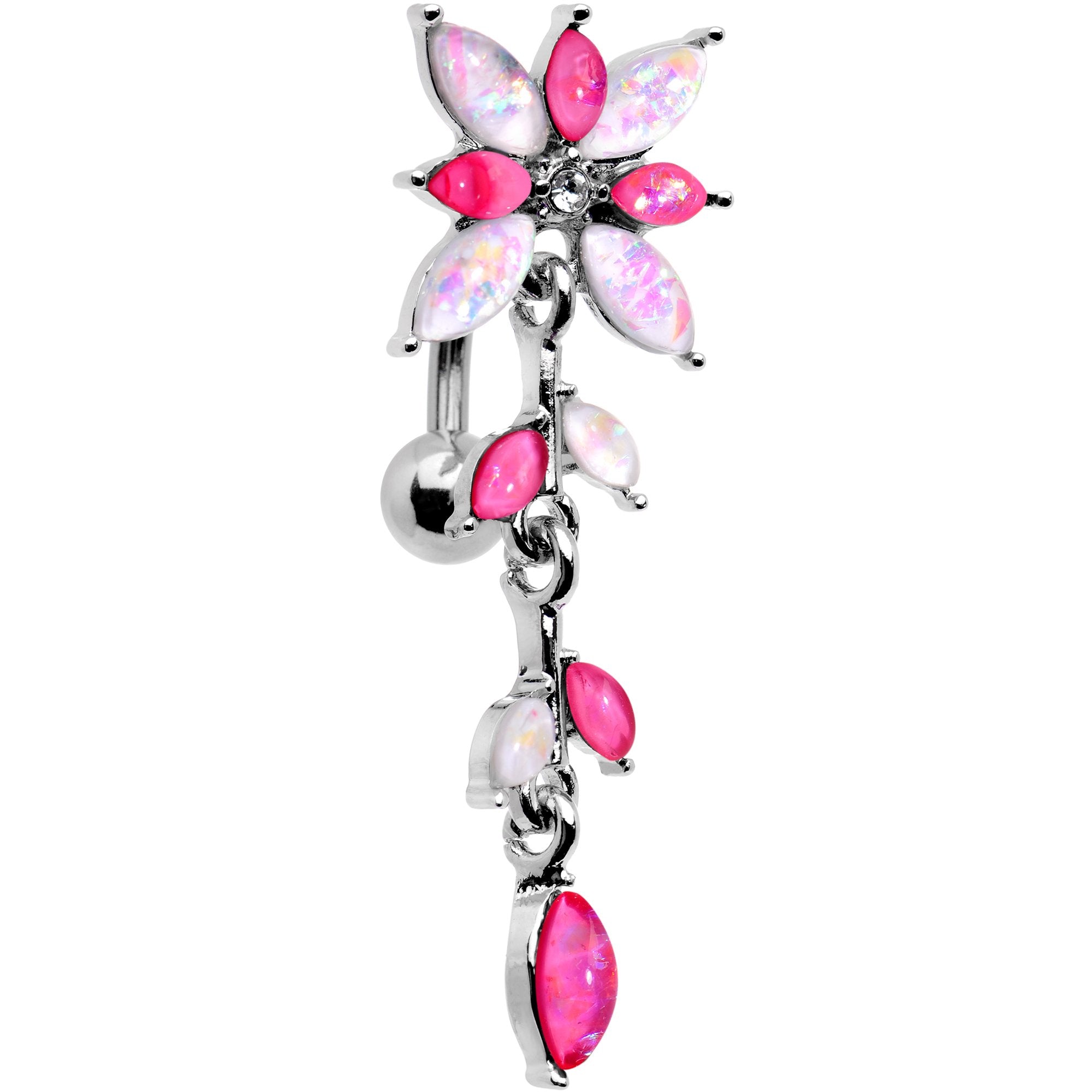 White Pink Gem Frosted Flower Trail Top Mount Dangle Belly Ring