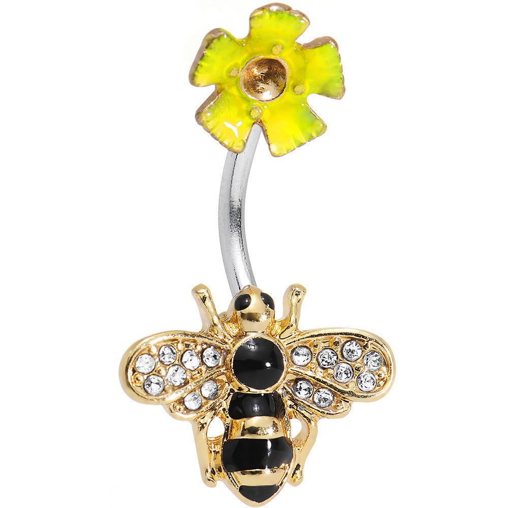 Clear Gem Pardon Me Honey Bee Yellow Flower Double Mount Belly Ring