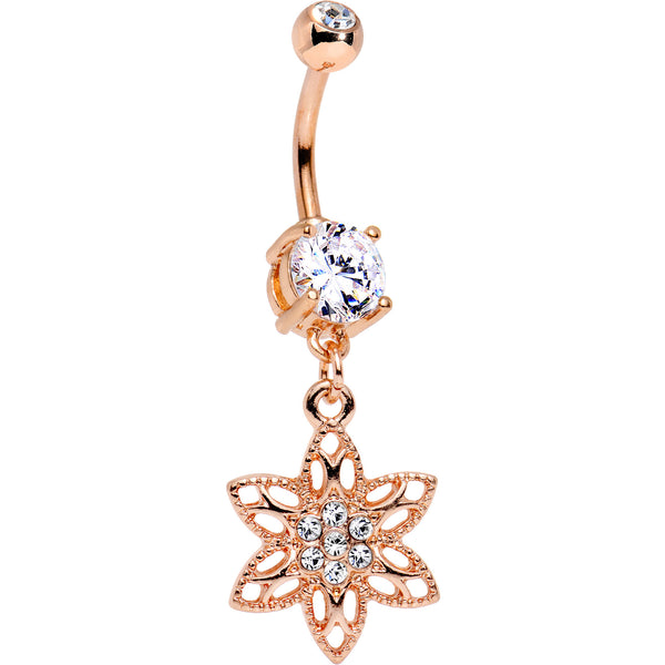 Clear Gem Rose Gold Anodized Star Flower Dangle Belly Ring