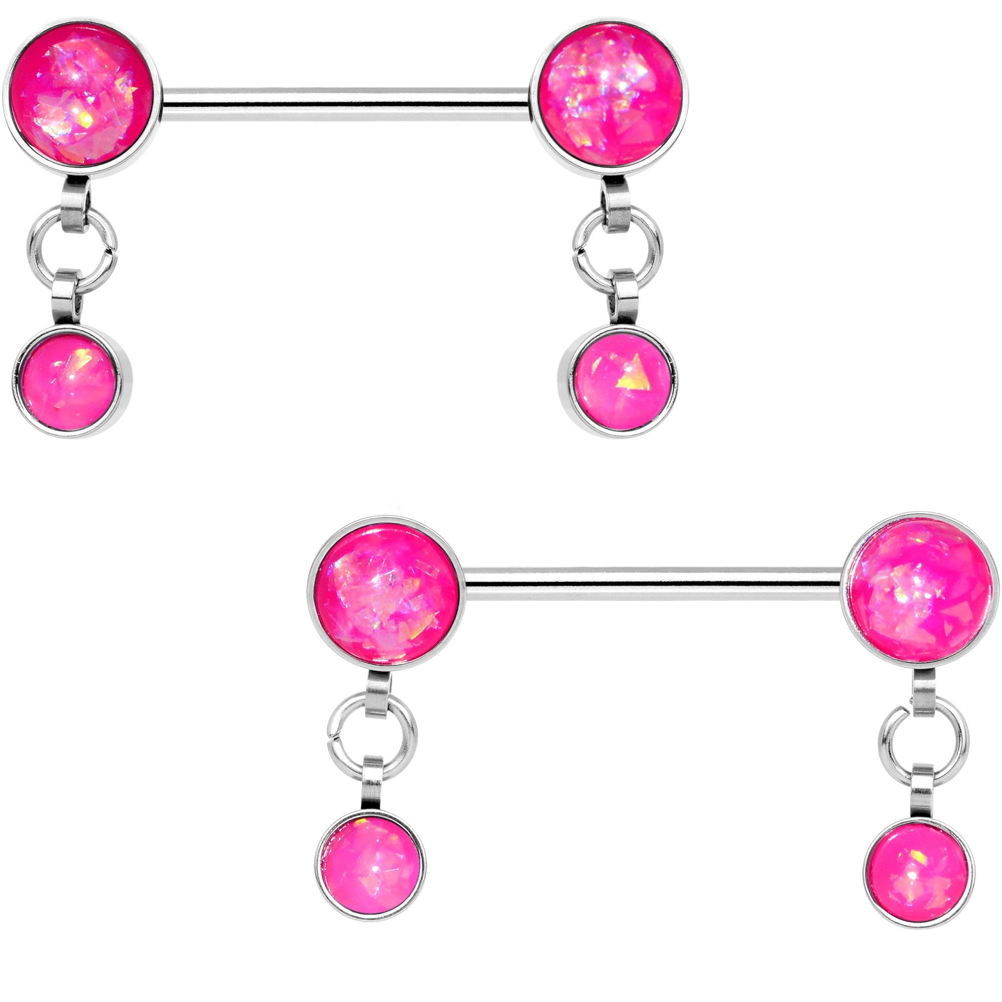 Pink Faux Opal Inlay Dangle Barbell Nipple Ring Set