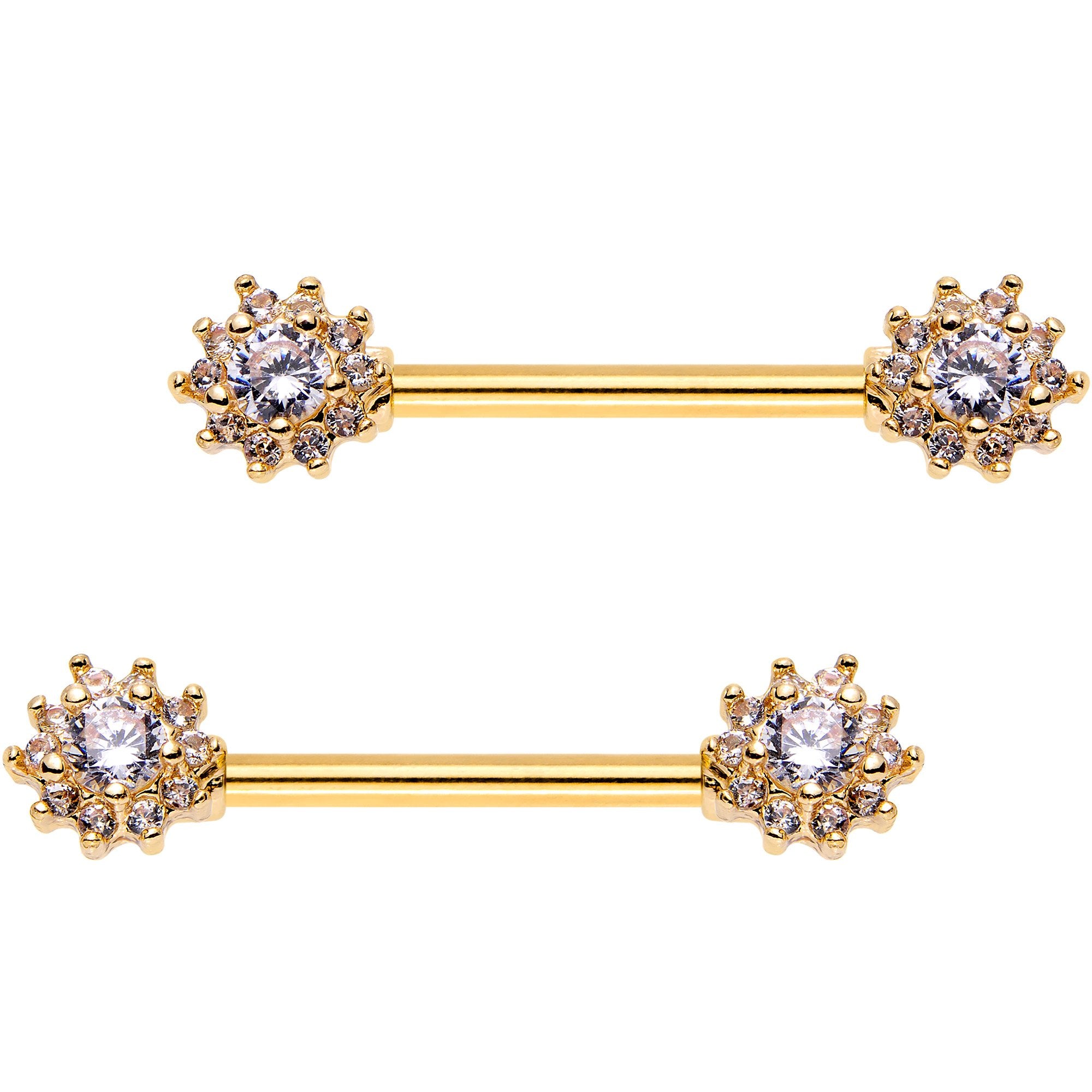 Clear CZ Gem Gold Plated Cluster Flower Barbell Nipple Ring Set