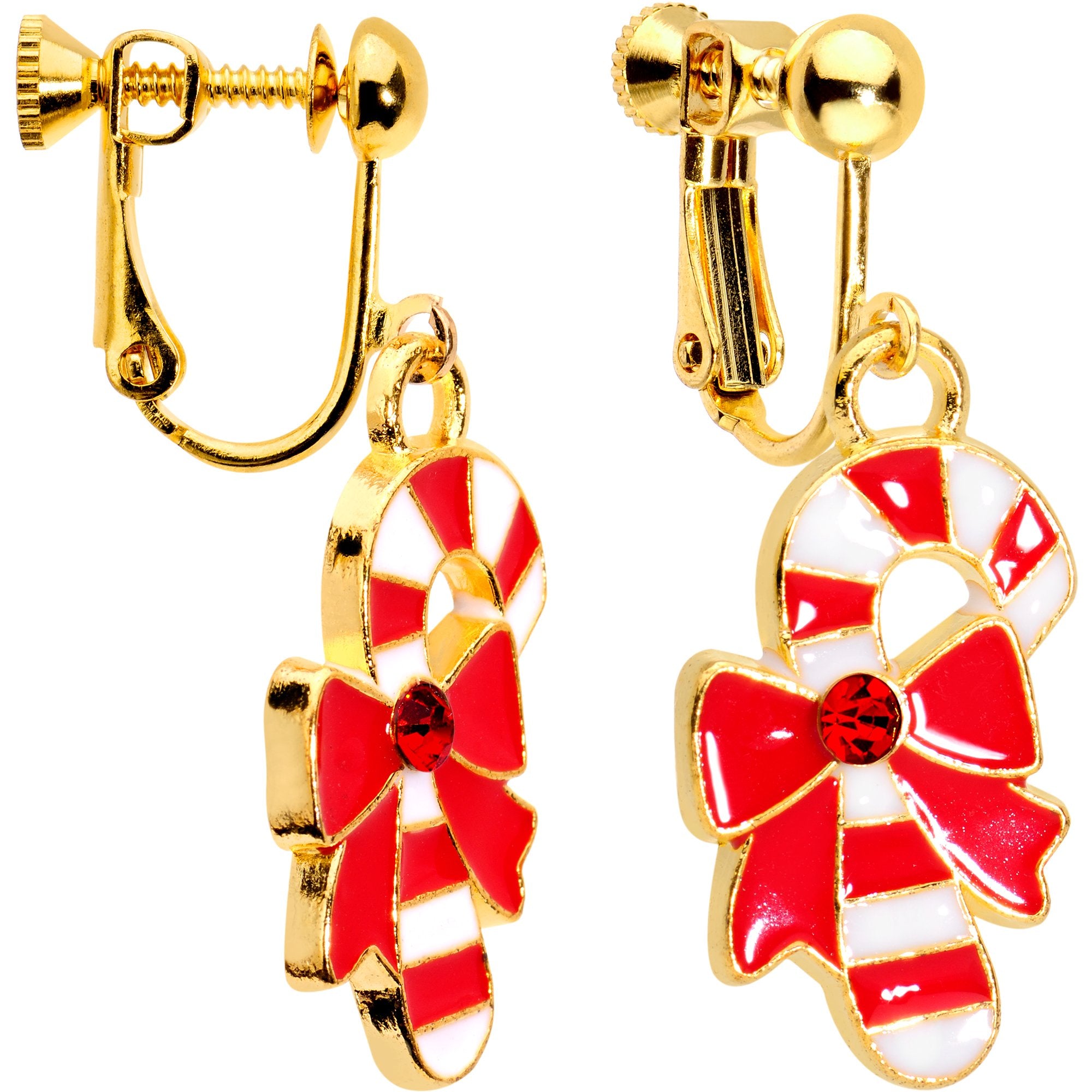 Red CZ Gem Gold Plated Bow Candy Cane Clip On Earrings
