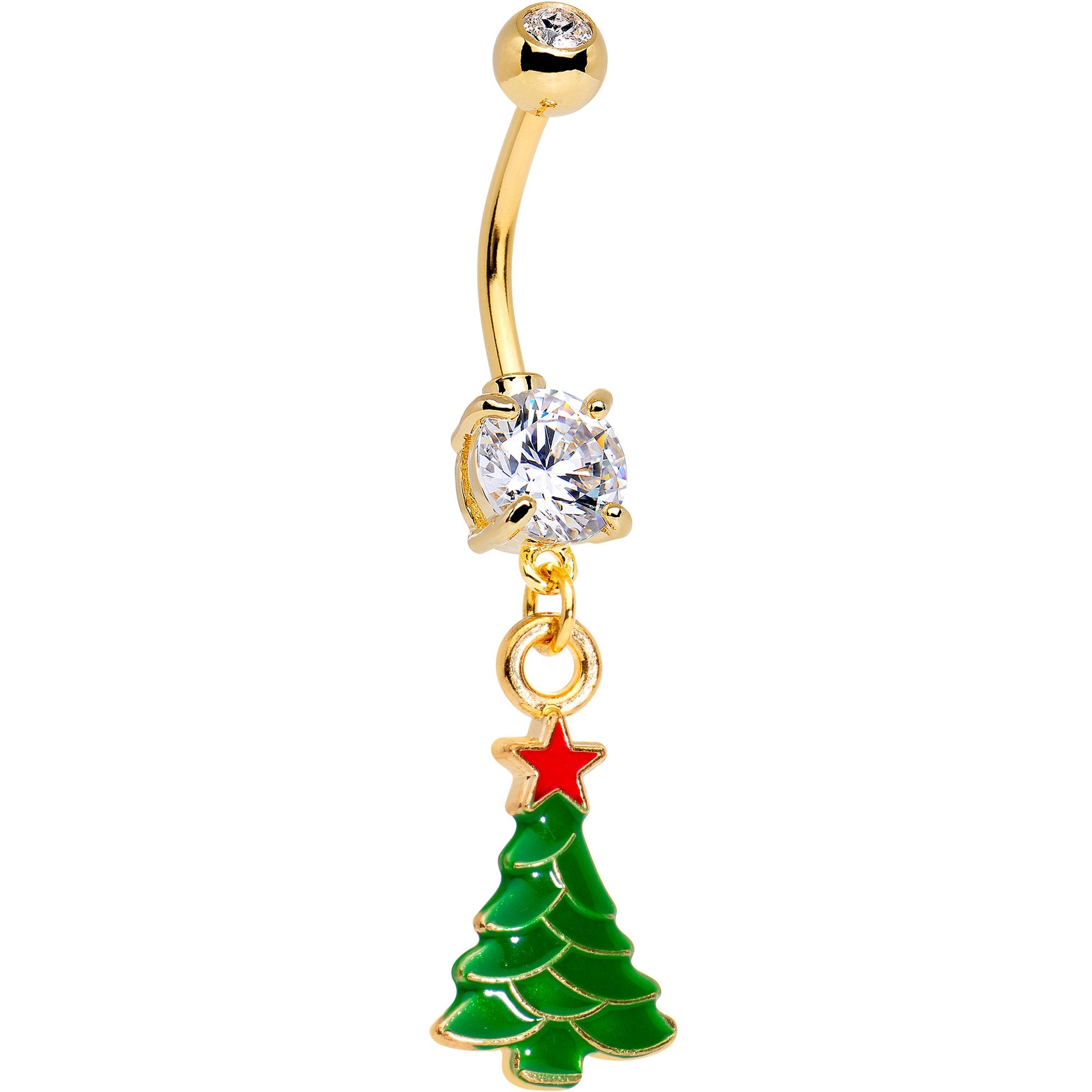 Clear Gem Gold Tone Anodized Christmas Tree Star Dangle Belly Ring