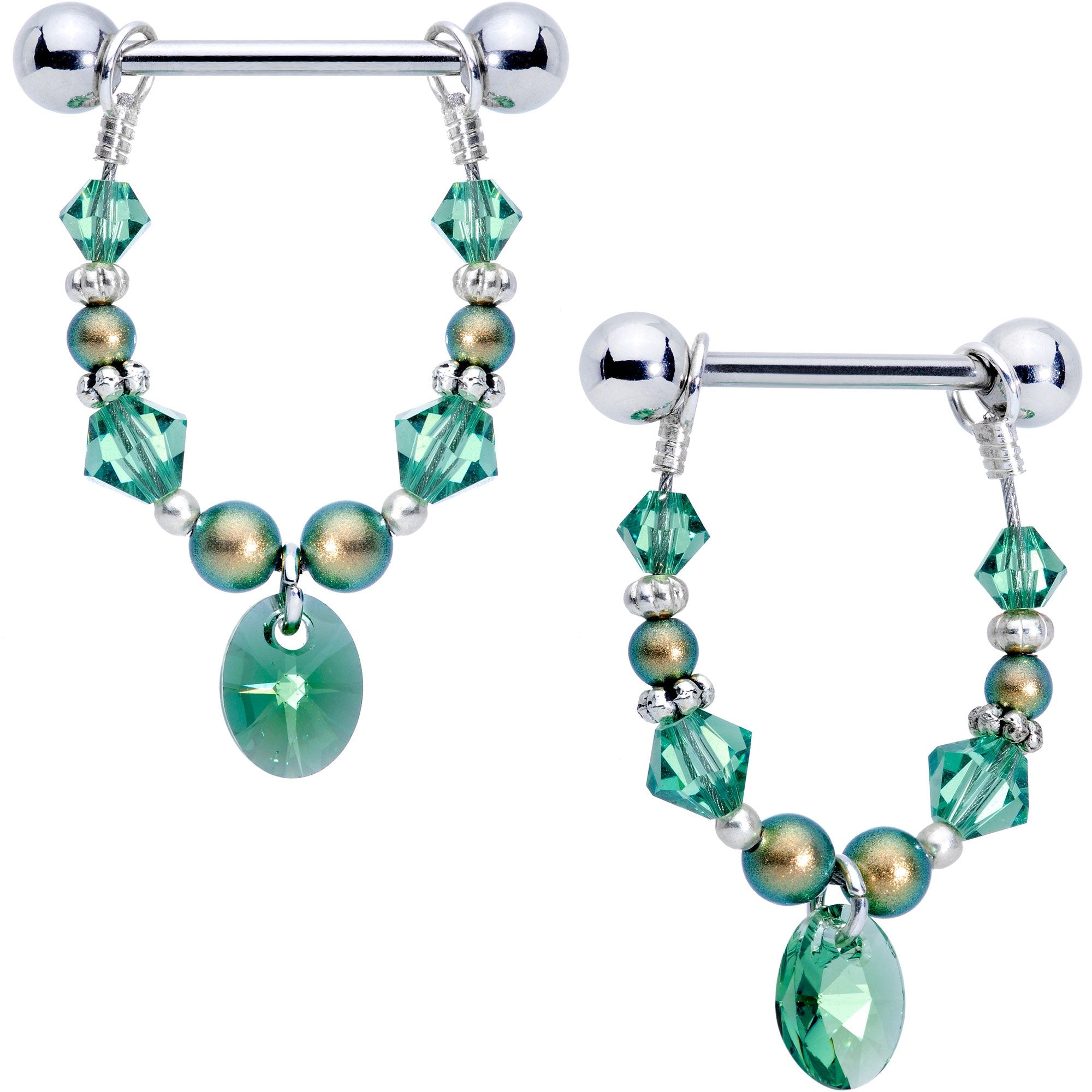 Glorious Green Dangle Nipple Ring Set Created with Crystals
