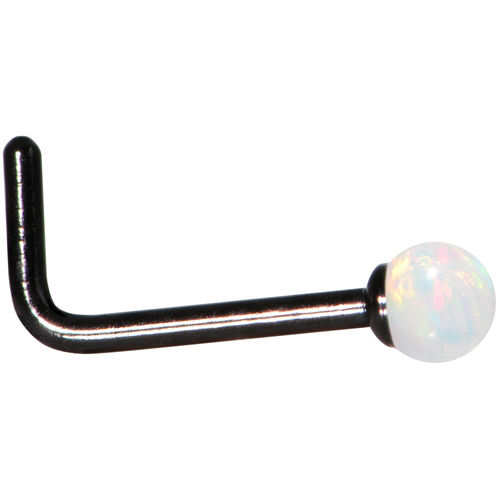 White 2.5mm Synthetic Opal Ball Black Anodized L-Shape Nose Ring