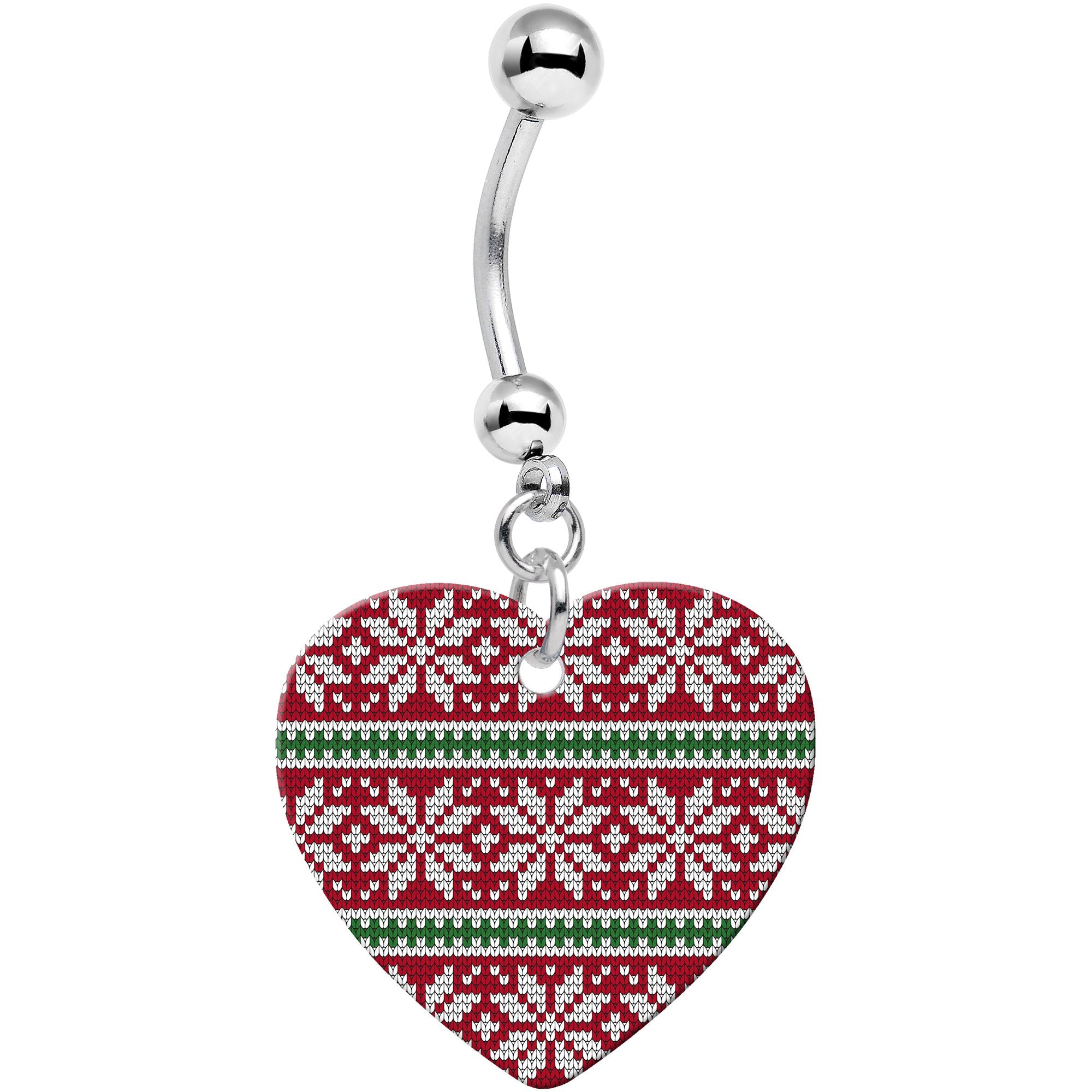 Red Green Christmas Sweater Heart Dangle Hypoallergenic Stainless Steel Belly Ring
