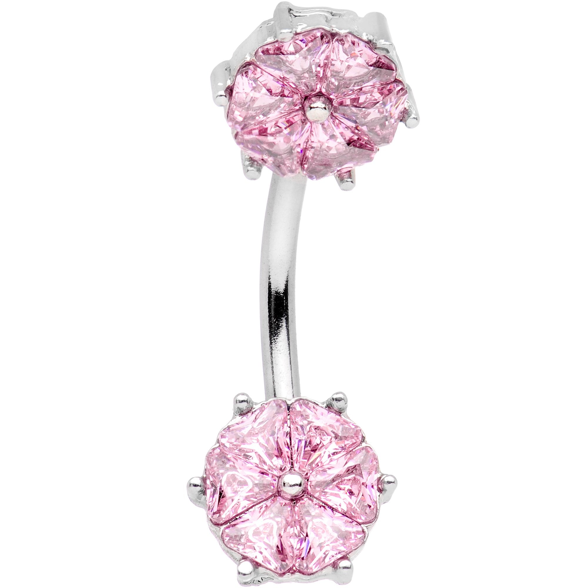 Pink Gem Twin Flowers Double Mount Belly Ring