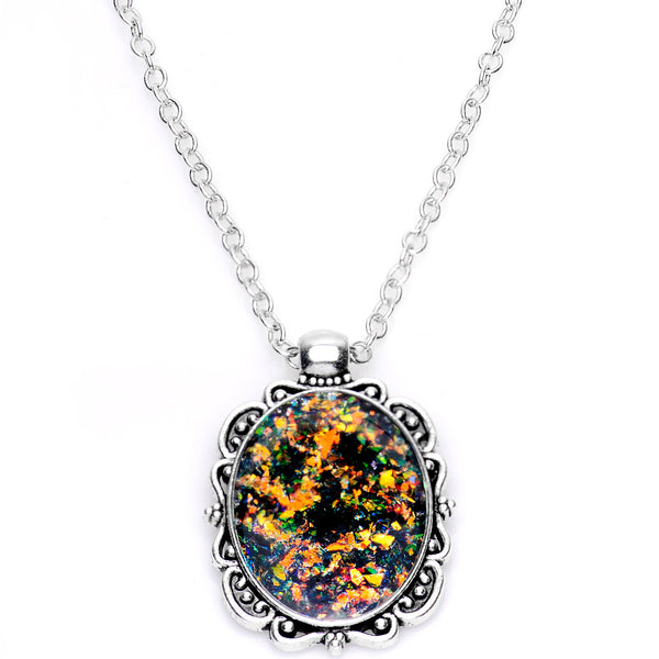 Handcrafted Black Faux Opal Splash Silver Plated Chain Necklace