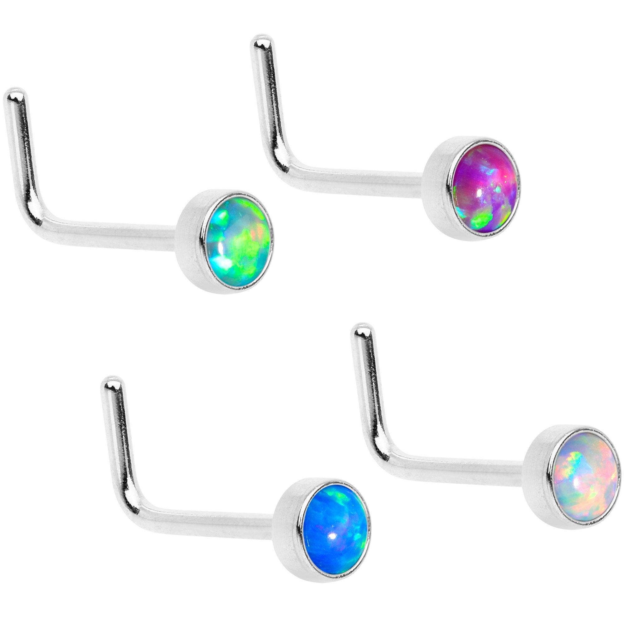 Multi Color 3mm Synthetic Opal Press Fit L Shaped Nose Ring 4 Pack Set