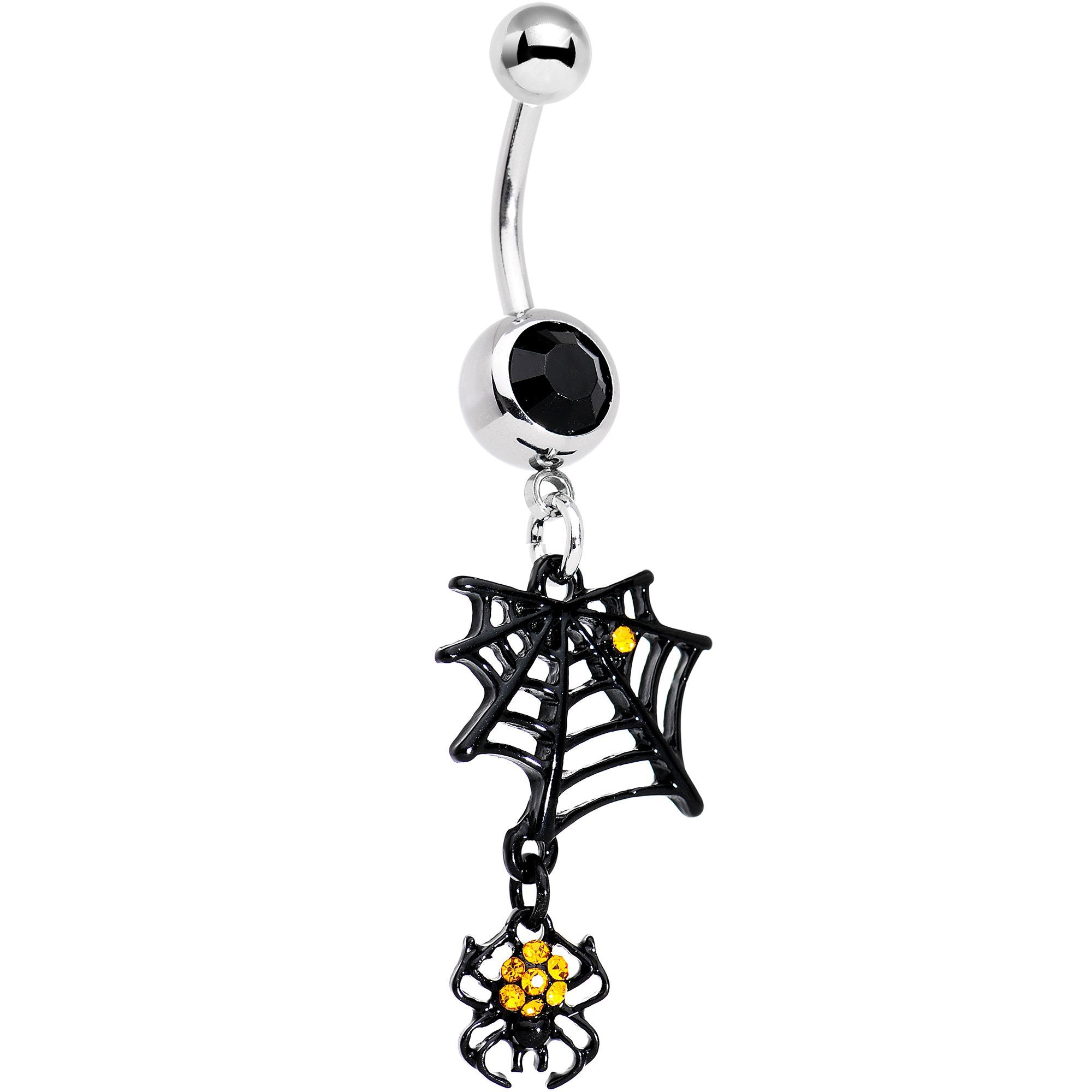 Yellow Black Gem Spider and Web Halloween Dangle Belly Ring