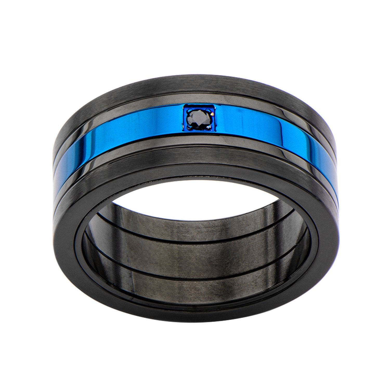 Mens Black CZ Gem Matte Black Blue IP Stainless Steel Ring