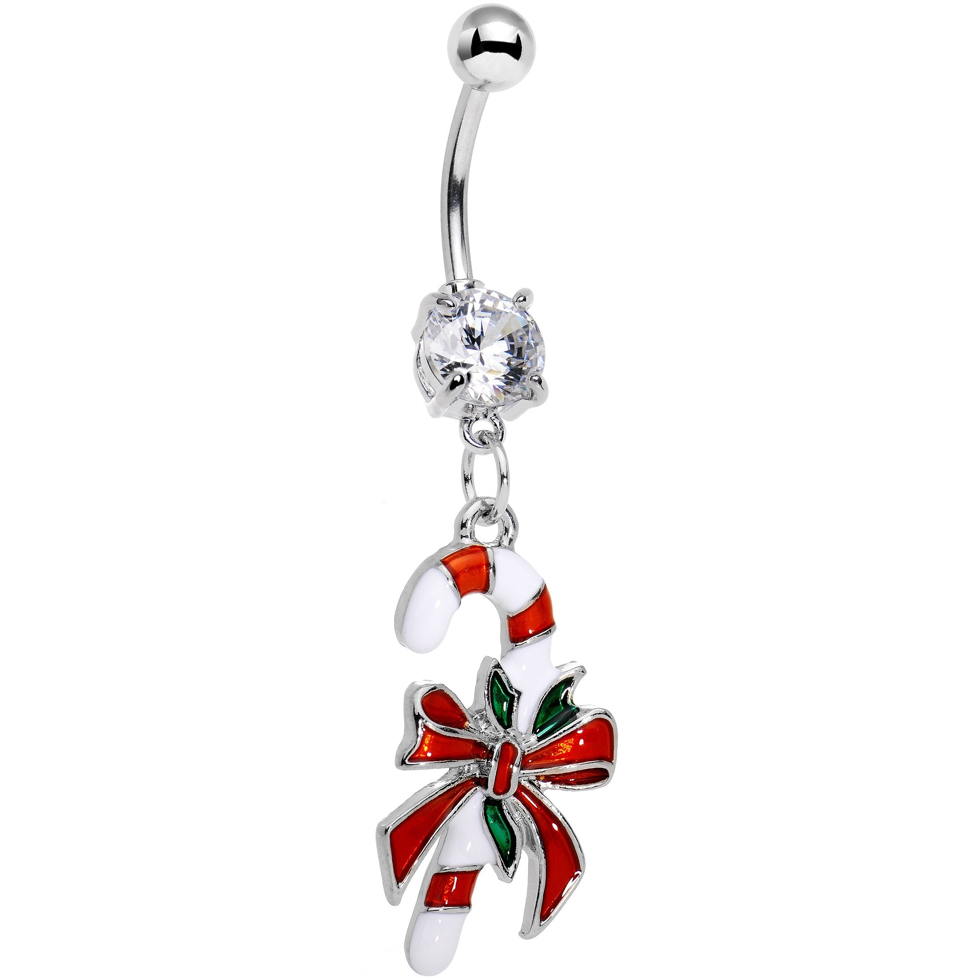 Clear Gem Peppermint Candy Cane Dangle Belly Ring