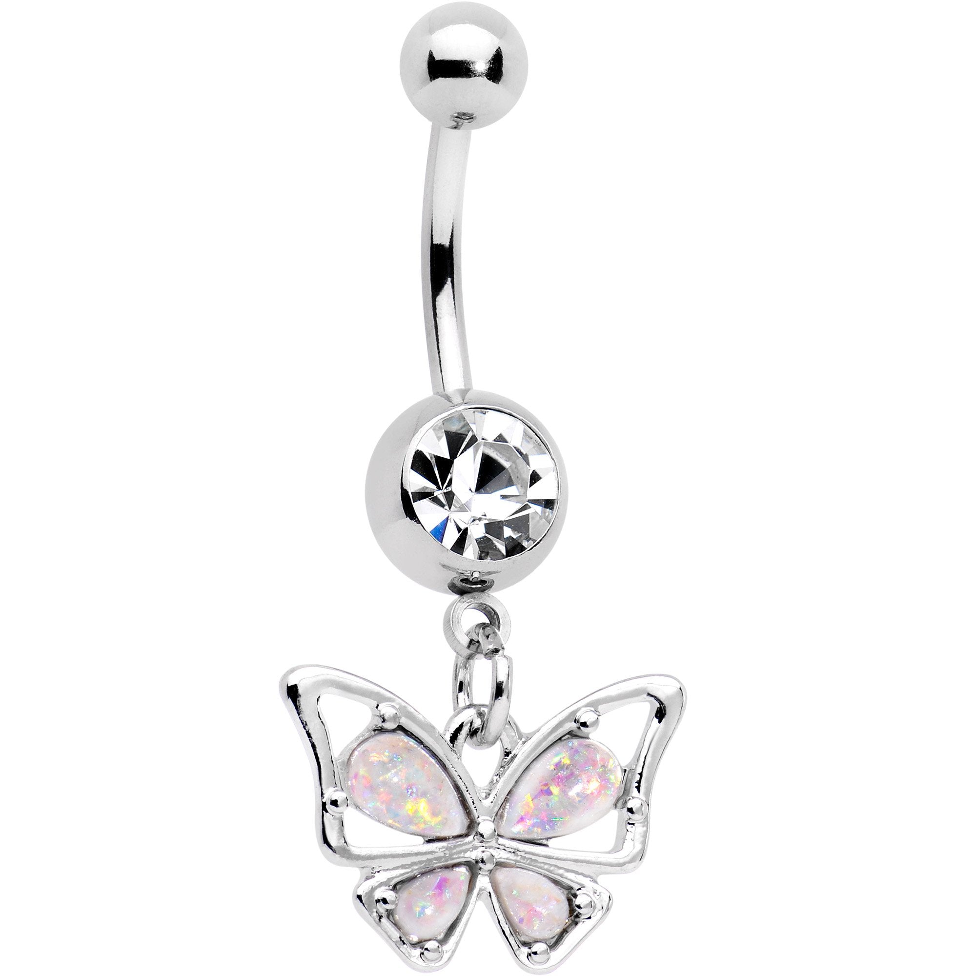 White Faux Opal Hollow Wing Butterfly Dangle Belly Ring