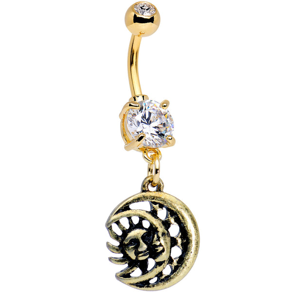 Clear CZ Gem Gold PVD Sun of the Moon Dangle Belly Ring