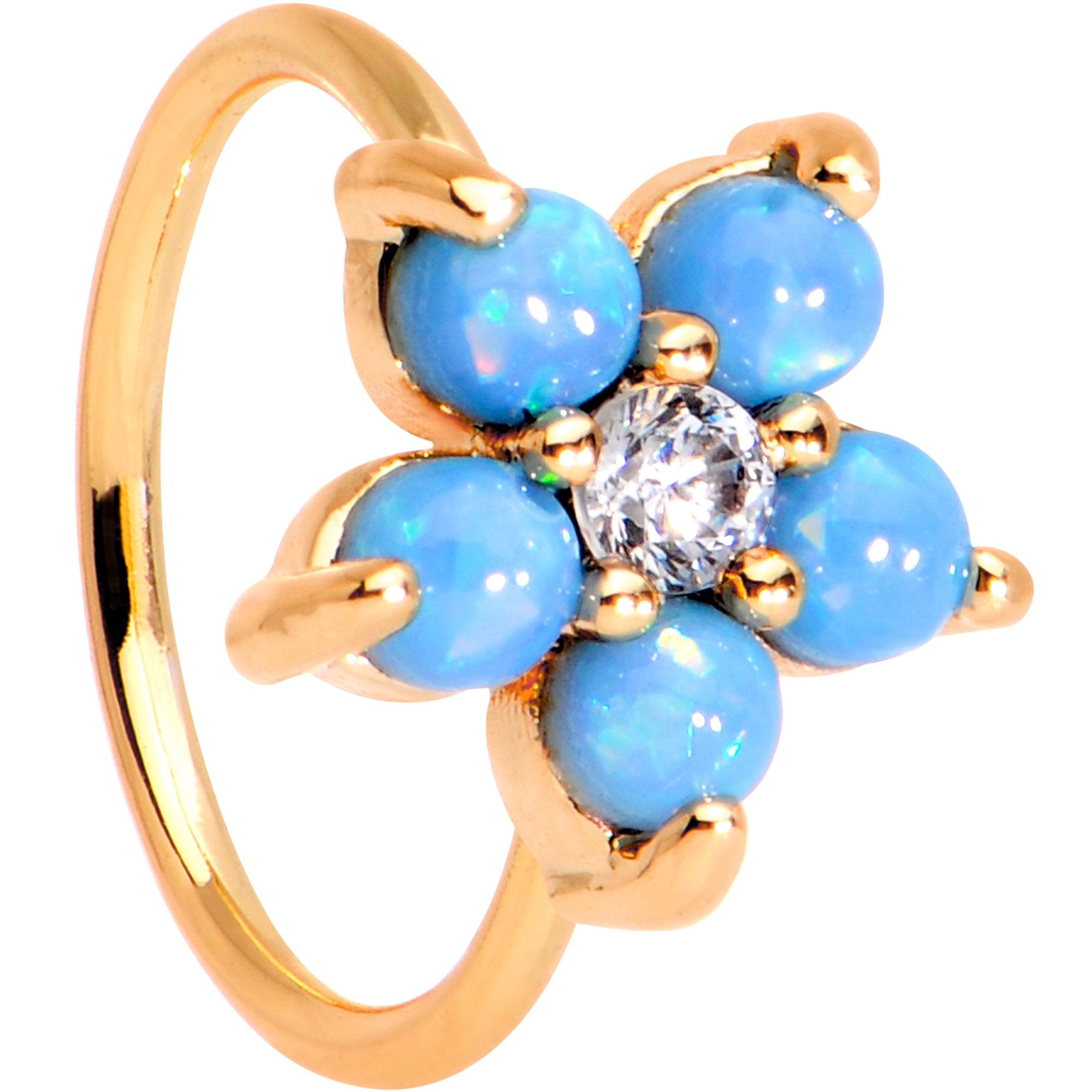 20 Gauge Clear CZ Aqua Faux Opal Rose Gold Tone Flower Circular Ring