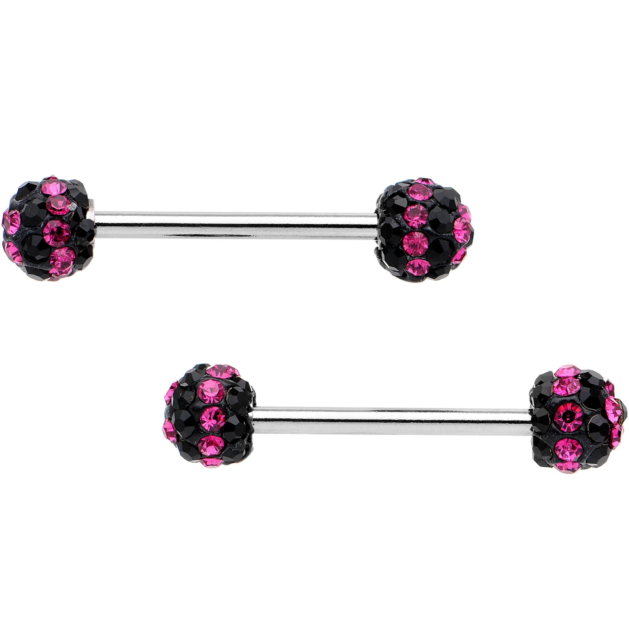 5/8 Black Pink CZ Gem Two Tone Stripe Barbell Nipple Ring Set
