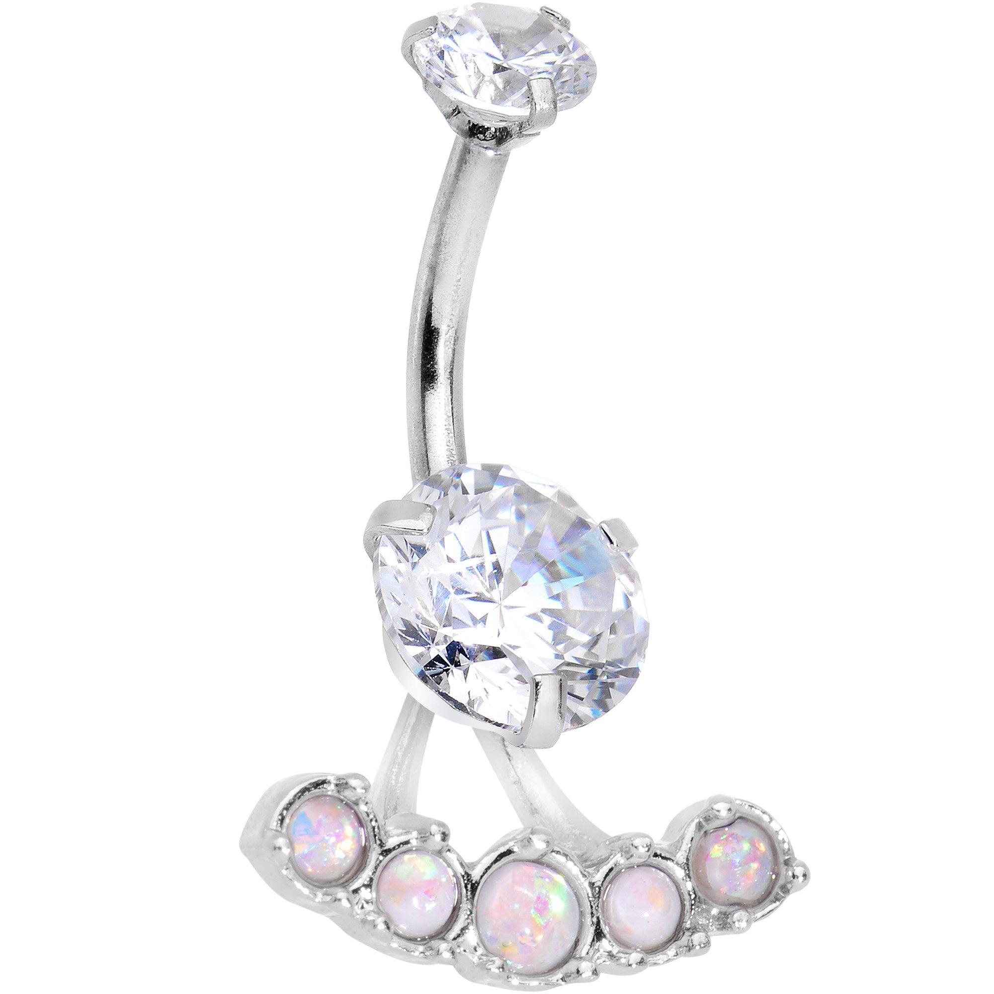 White Faux Opal Clear CZ Gem Sassy Fashions Dangle Belly Ring