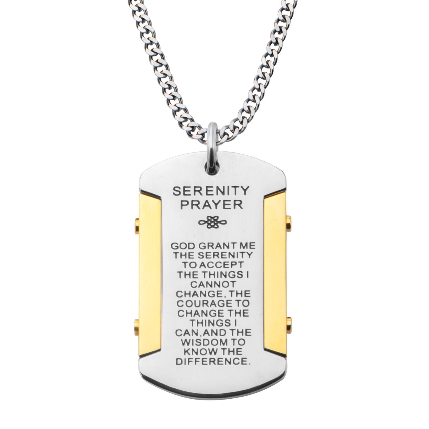 Mens Gold IP and Steel Serenity Prayer Dog Tag Pendant With Curb Chain