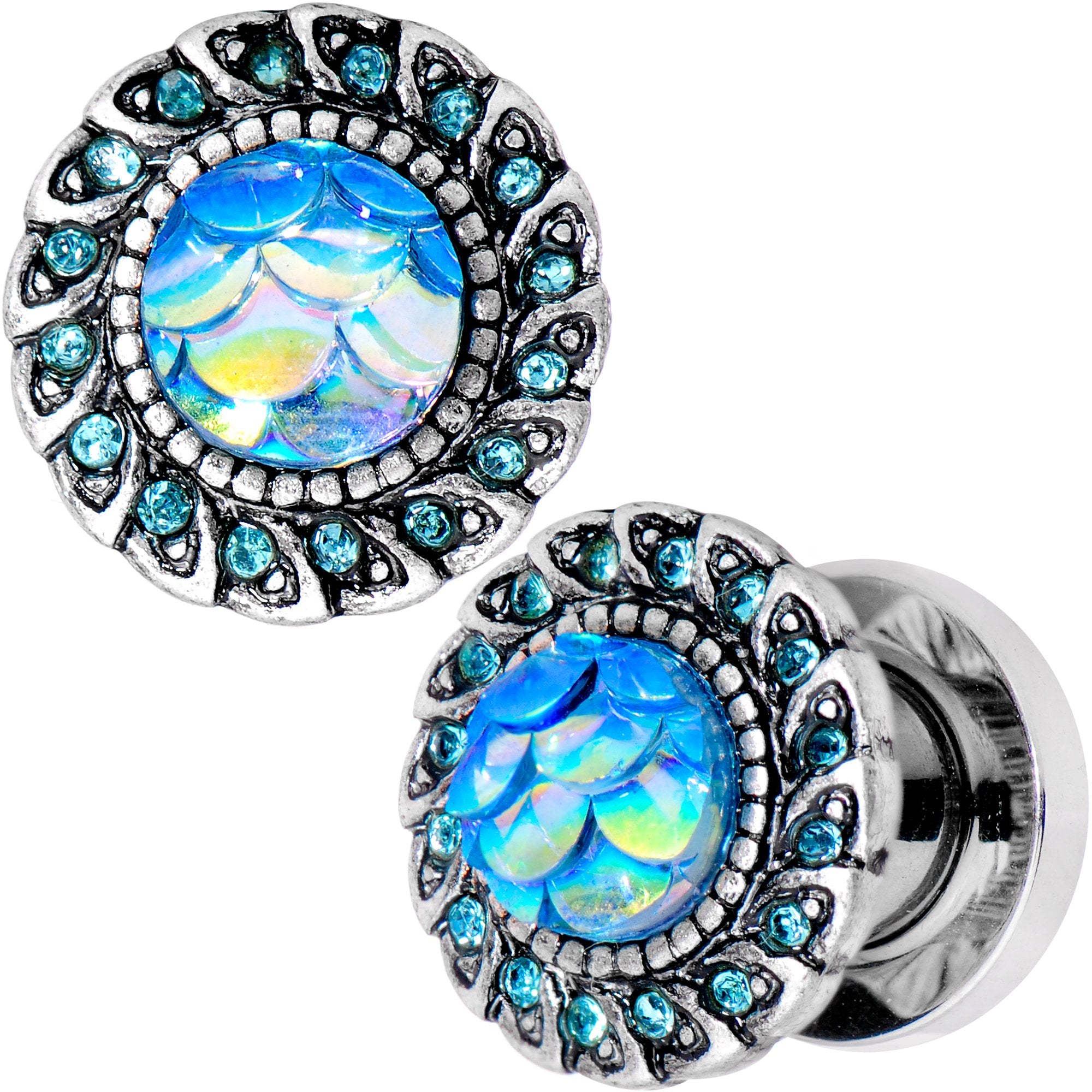 Aqua Gem Iridescent Blue Mermaid Scale Screw Fit Plug Set 6mm to 22mm